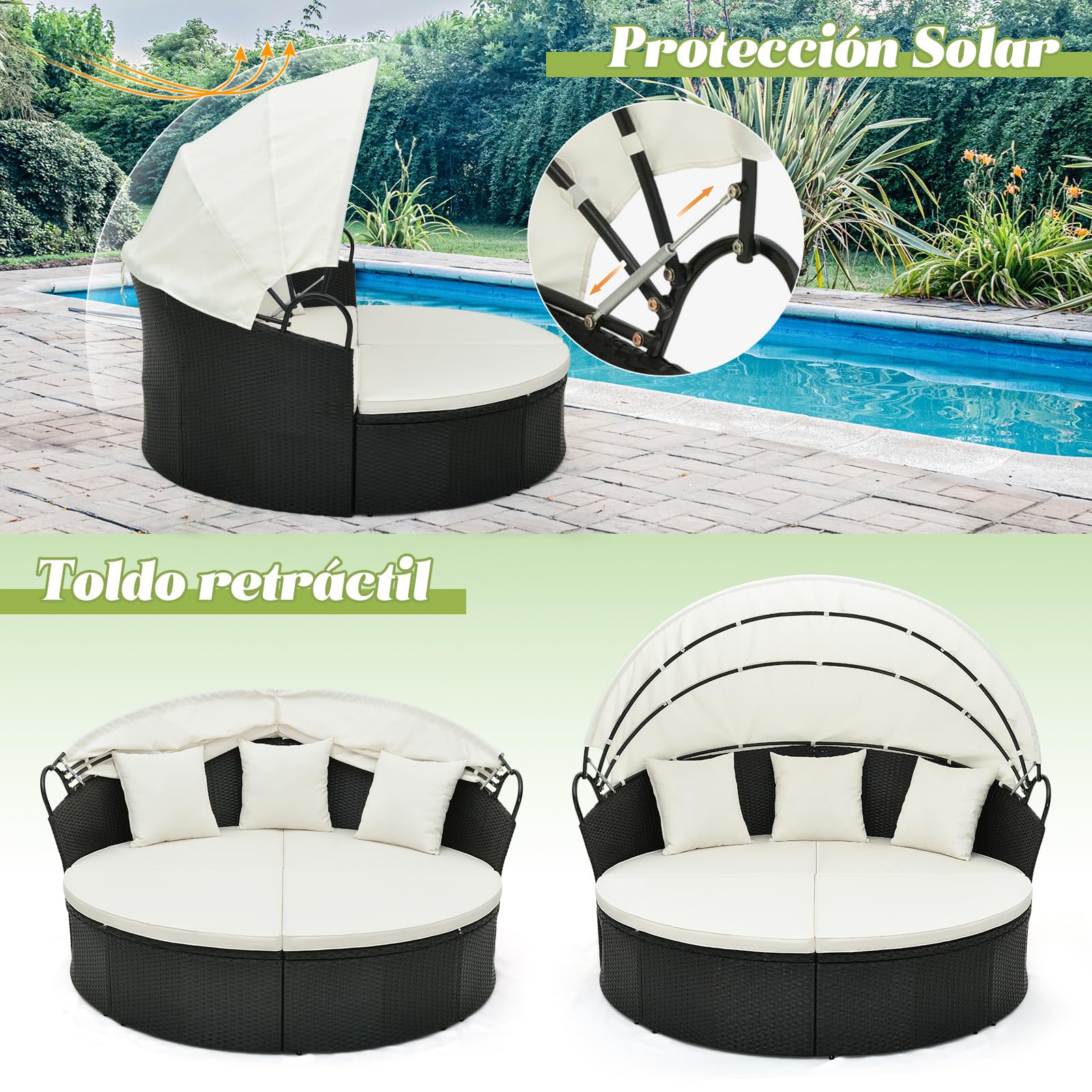 COSTWAY Tumbona Isla de Ratán Jardin, Toldo Plegable, Isla de Ratán con Cojines y Almohadas, Protección UV, Cama Isla Exterior (Blanco)