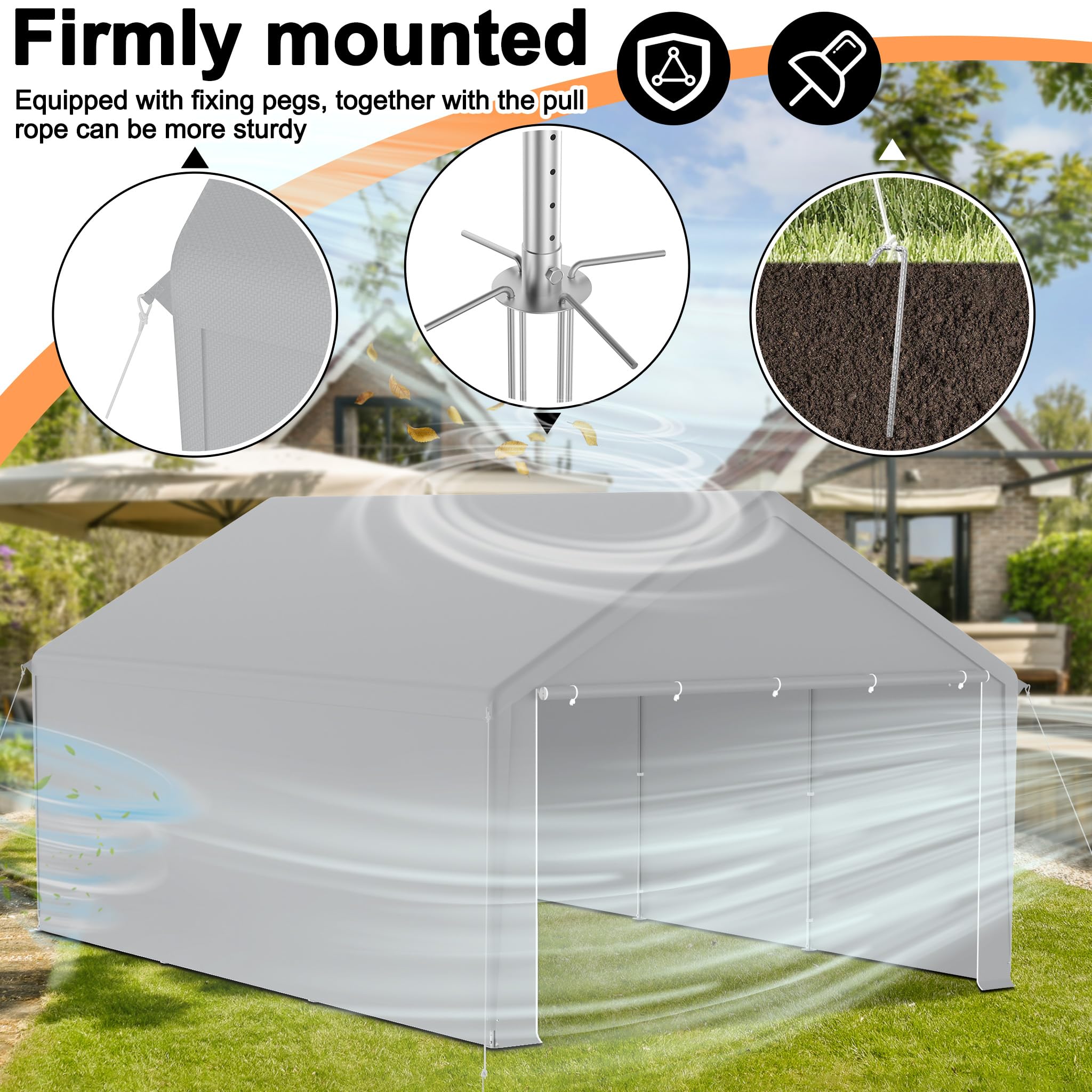 HENGMEI Zeltgarage Große Carport Garagenzelt Autoüberdachung Garagenüberdachung Lagerzelt UV-beständig Wasserdicht Unterstand mit Roll-up-Fenster (4x6 m, Grau)