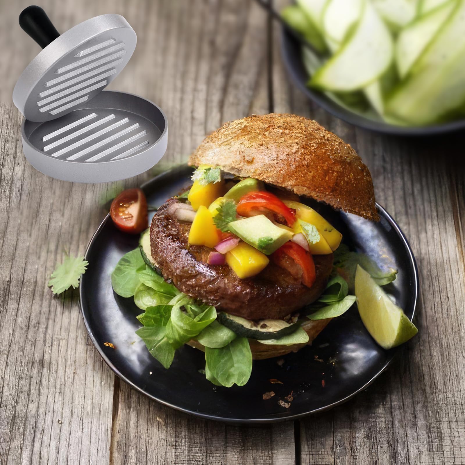 Hamburguesera con 100 hojas de papel para hornear, juego de prensa de hamburguesas de aluminio fundido para deliciosas hamburguesas, hamburguesas, barbacoas, prensa de hamburguesas con recubrimiento a