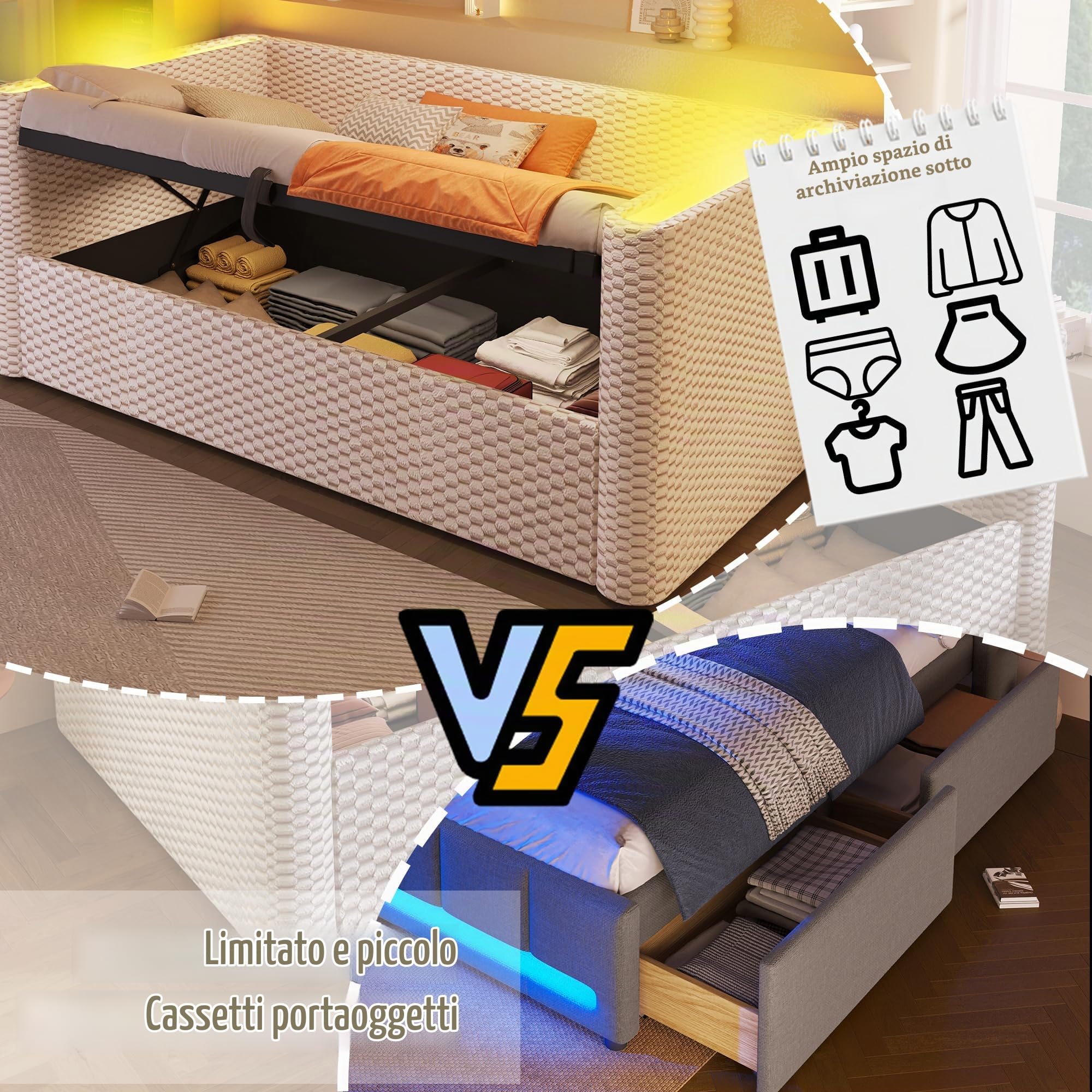 Divano letto 90 x 200 cm con illuminazione a LED, Letto Singolo Imbottito con Contenitore Idraulico, Rete a doghe, Tessuto in Velluto, Beige