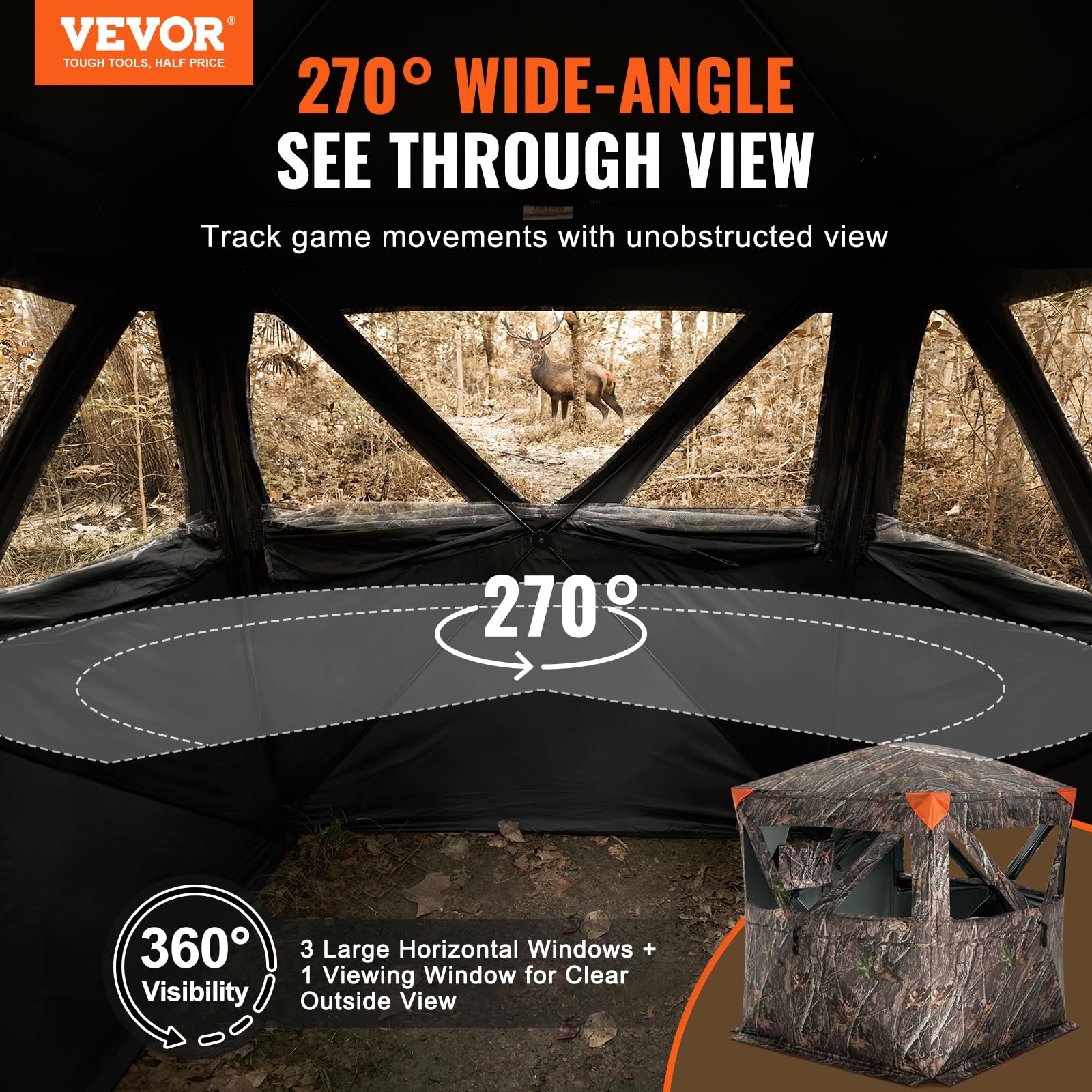 VEVOR Tienda de Caza Portátil Visión de 270° Puesto de Caza Plegable para 2 o 3 Personas con Bolsa de Transporte Tienda de Camuflaje Resistente con 3 Ventanas Horizontales, 1480 x 1480 x 1700 mm