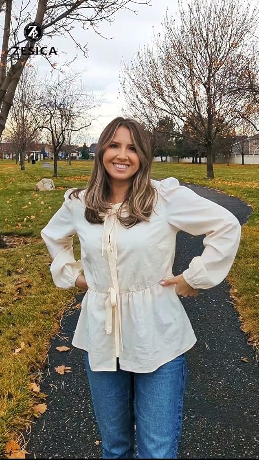 ZESICA Womens Tops Tie Front Long Puff Sleeve Button Peplum