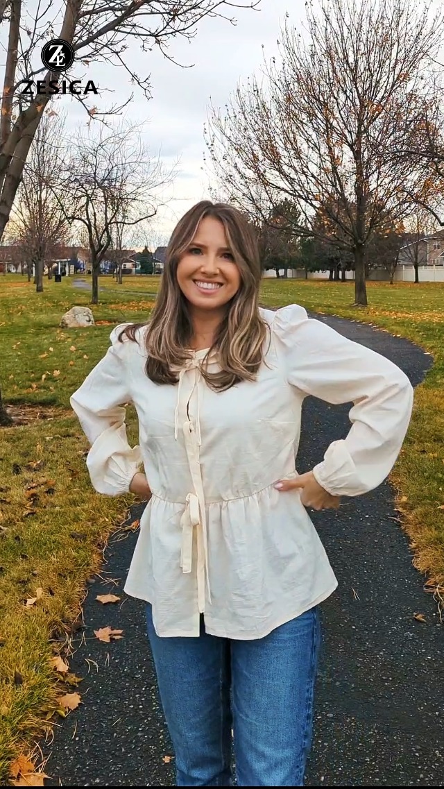 ZESICA Womens Tops Tie Front Long Puff Sleeve Button Peplum