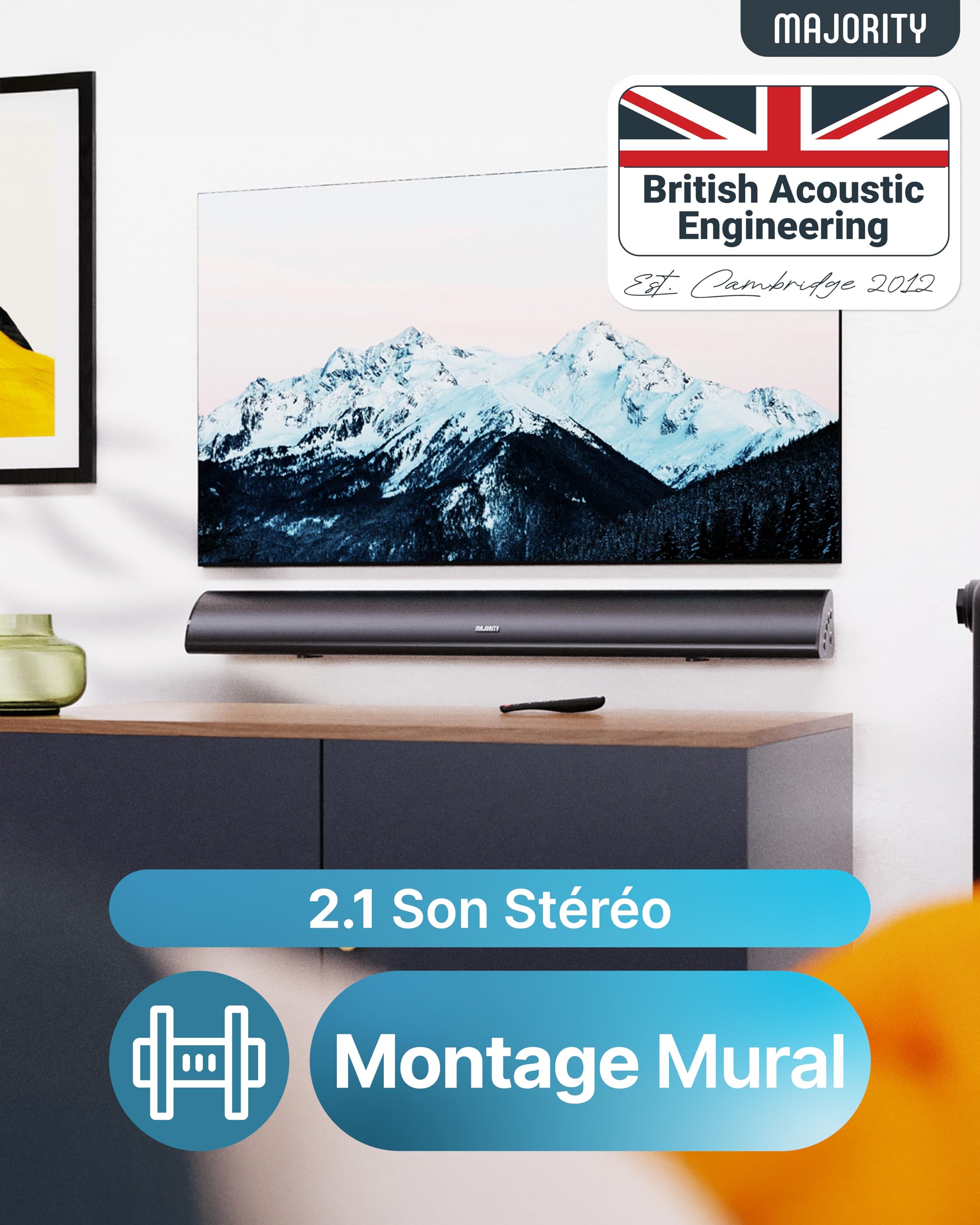 Majority Snowdon 120W Barre de Son TV Bluetooth | Enceinte TV Home Cinema 2.1 | Barres de Son avec RCA, Optique et AUX | Caisson de Basse Intégré | Montage Mural