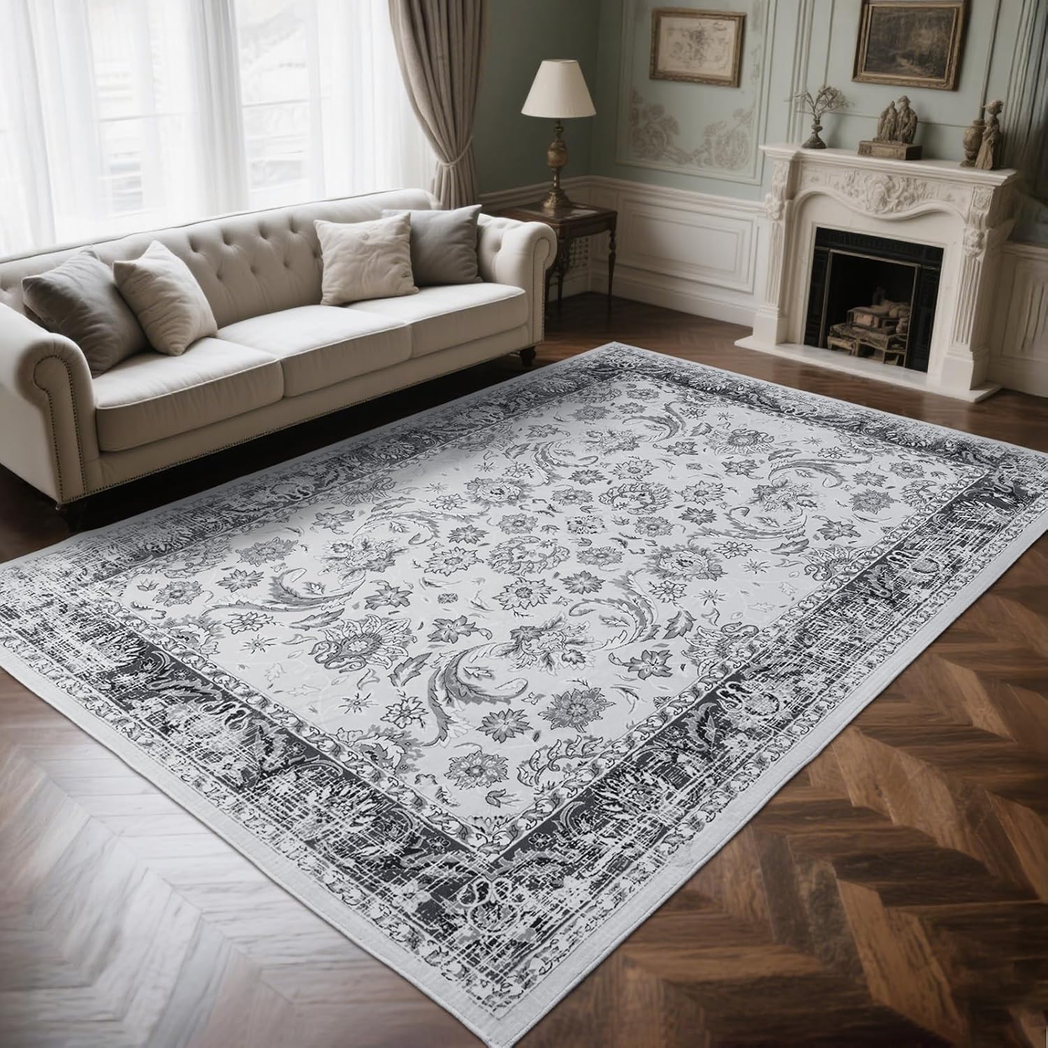 Zentavio 9x12 Washable Area Rugs, Vintage Non-Slip Floral Living Room Rug, Indoor Foldable Floor Thin Low Pile Carpet for Farmhouse Bedroom Dining Room Grey
