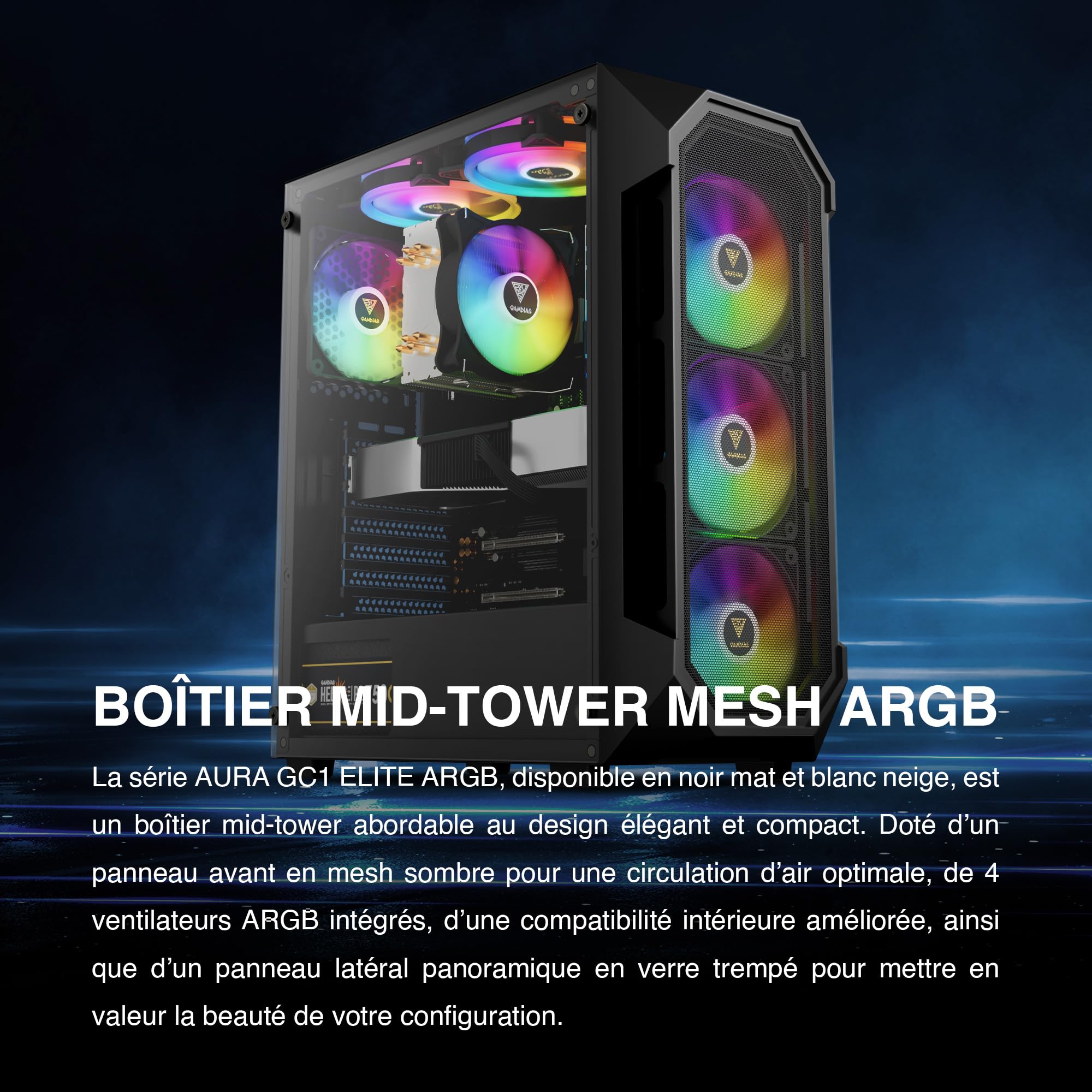 GAMDIAS Aura GC1 Elite ARGB ATX Boîtier PC Mid Tower Ventilateur 4 x 120 ARGB Panneau Avant en Maille Haute Circulation d'air Panneau latéral en Verre trempé Installation sans Outils Noir