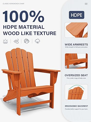 Vista 332 de KINGYES - Silla Adirondack plegable, sillas de patio de polietileno de alta densidad para todo tipo de clima, silla de césped con textura de madera
