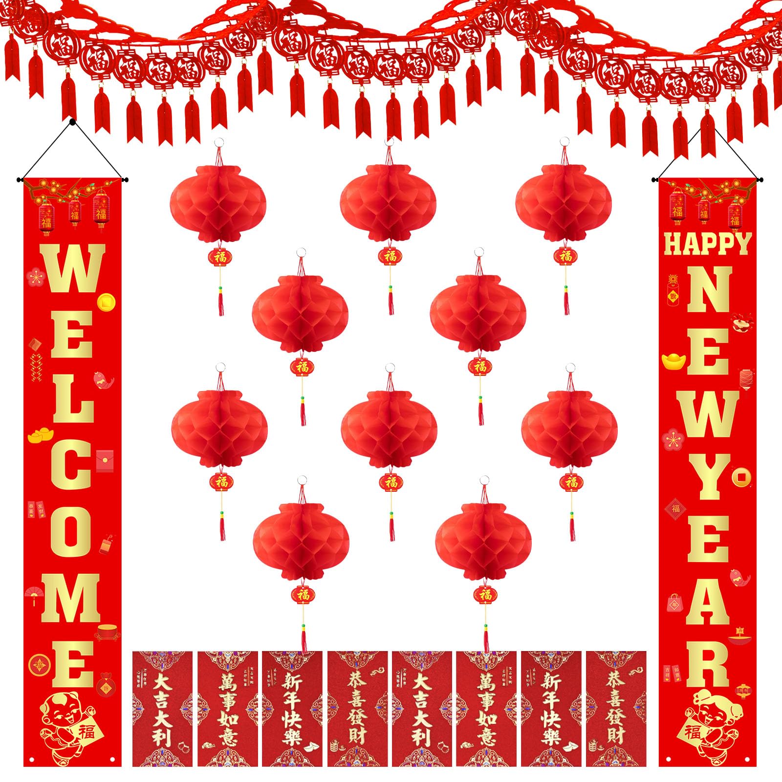 Chinese Lunar New Year Party Decorations, Lunar New Year Decorations 2025 Include Chinese New Year Garland Red Envelopes Red Lantern Hanging Ornaments Chinese Couplets for Spring Festival Party Décor