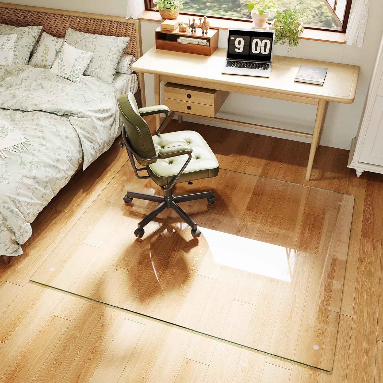 Glass Chair Mat, 36"x55" Office Chair Mat for Hardwood Floor, Clear Carpet Protector Mat for Office Chair, 4 Non‑Slip Pads, Noise-Free Gliding Shatterproof for Home Office Desk
