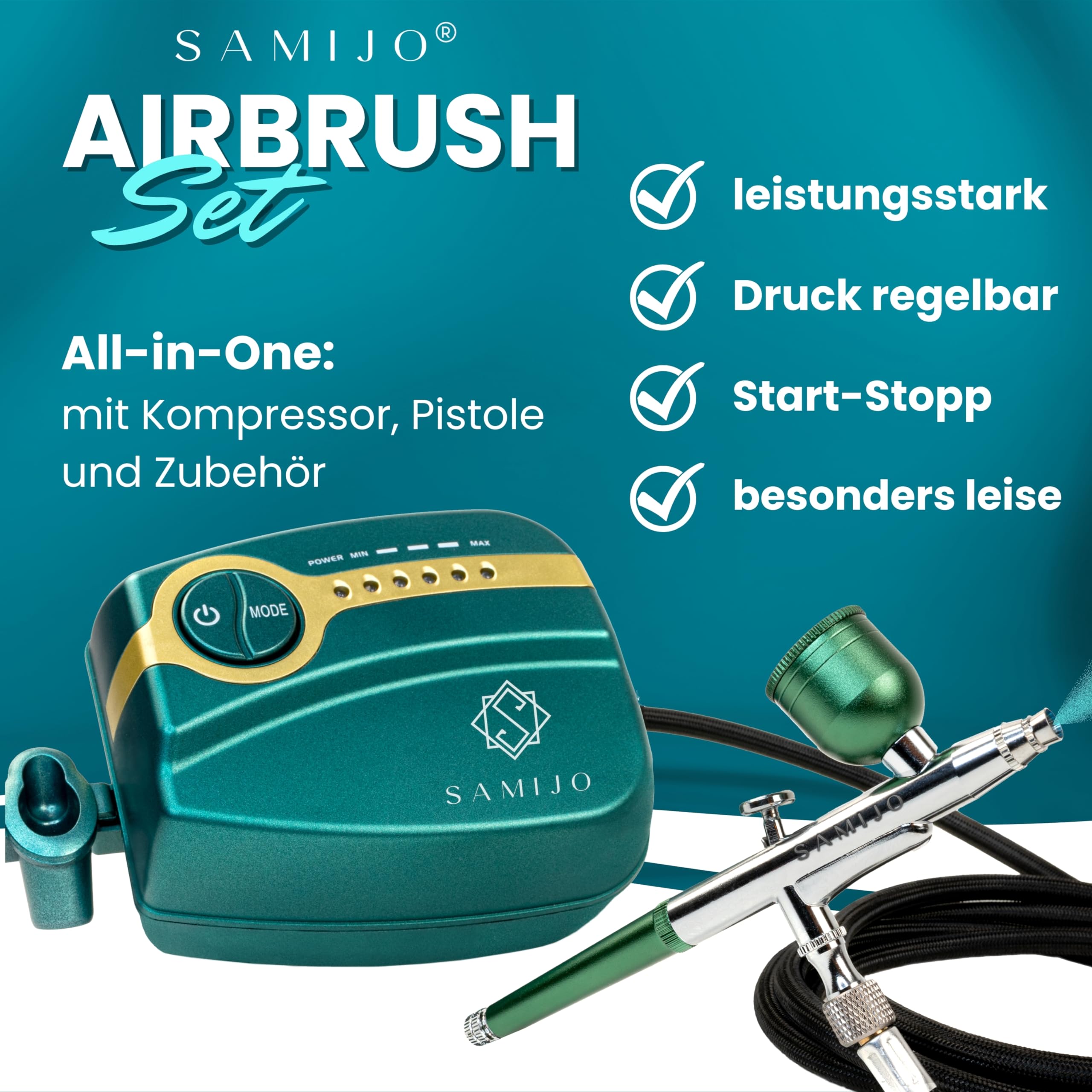SAMIJO Airbrush Set mit Kompressor, leise, kompakt, vielseitig, Airbrush-Set für Einsteiger, inkl. [DIY SCHABLONEN] Dein Komplettset für Modellbau, Haut, Nails und vieles mehr, eisgrün