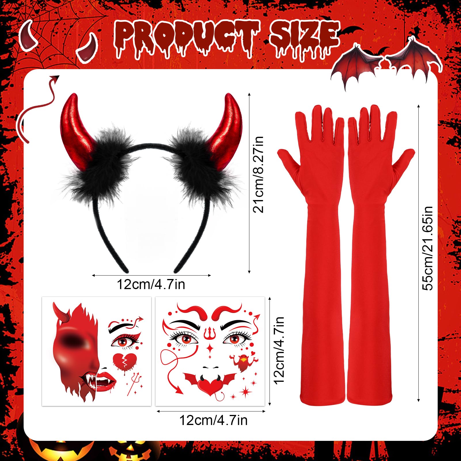 DPKOW Red Devil Horns Headband Halloween Face Stickers Tattoos Gloves for Halloween Costume Accessories Red Devil Costume Woman Cosplay Outfits Accessories Carnival Masquerade Supplies - Image 3