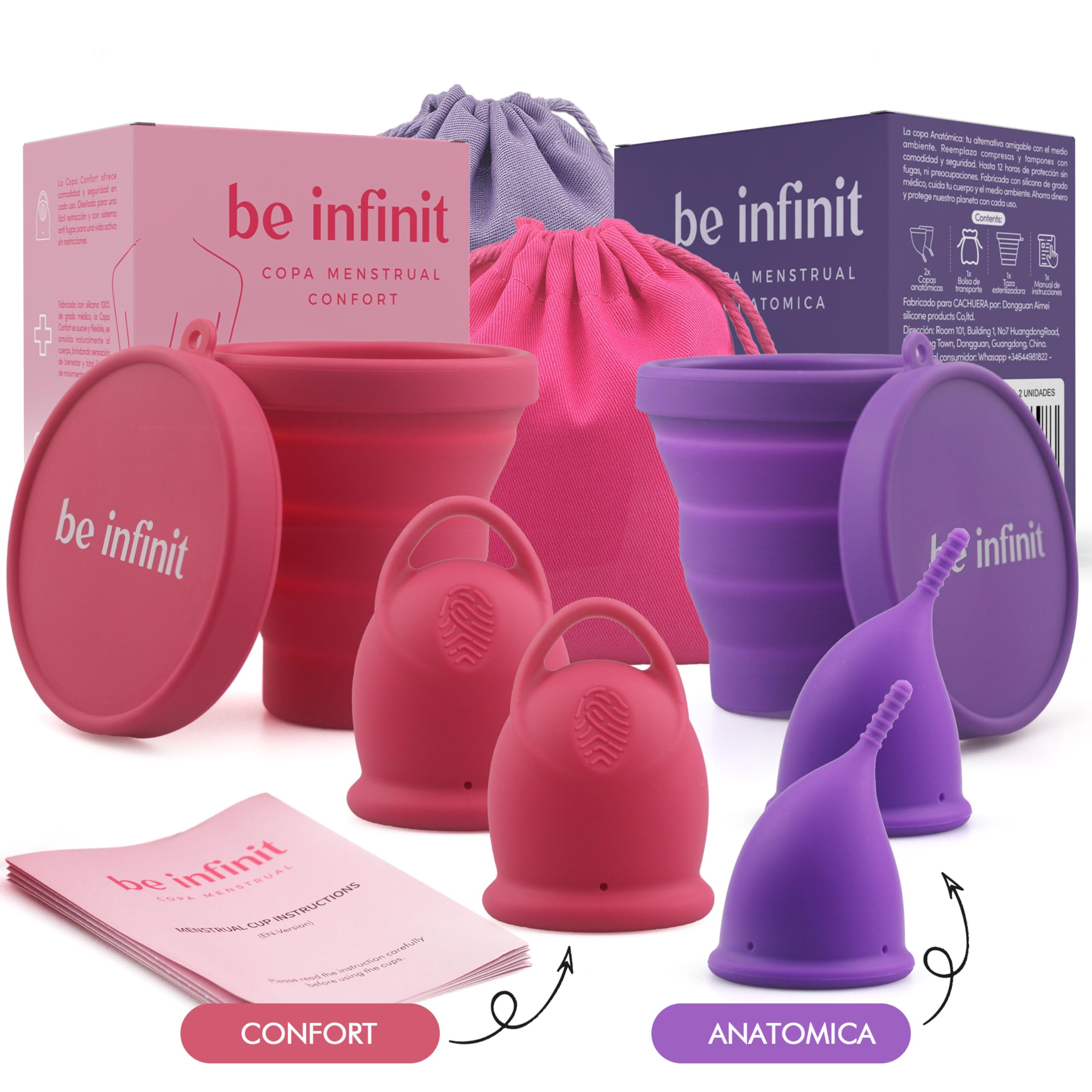 Copa menstrual BE INFINIT un modelo para cada estilo-tus días relajados-tus días de exigencias, Ideal deportistas-2 copas+vaso esterilizador+bolsa portable-2 modelos-SILICONA GRADO MEDICO-CONFORT S
