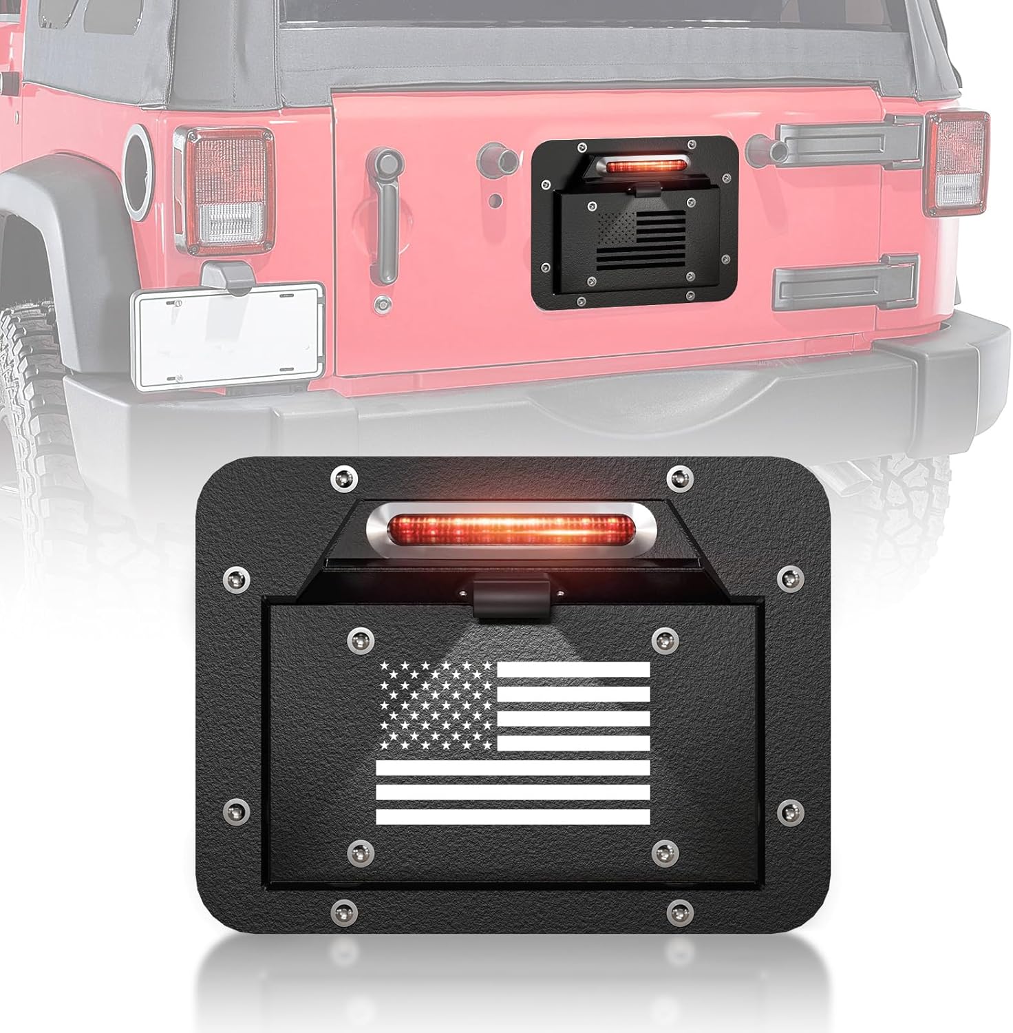 Spare Tire Delete License Plate Frame with Illuminate Light & Third Brake Compatible with 2007-2018 Jeep Wrangler JK JKU Unlimited, Licence Bracket Holder Relocation Kit Mounting (Black)