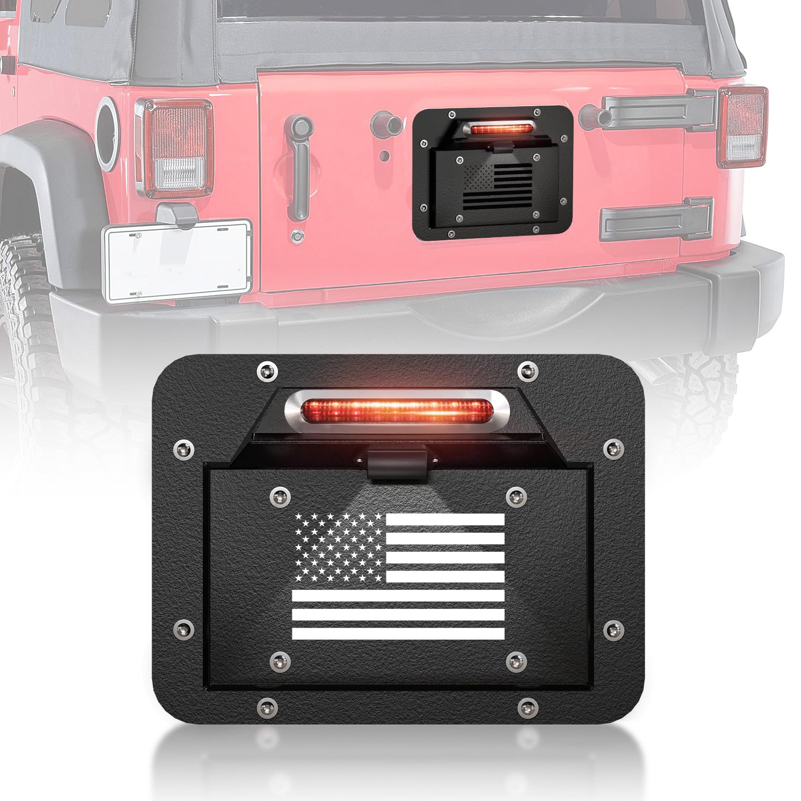 Spare Tire Delete License Plate Frame with Illuminate Light & Third Brake Compatible with 2007-2018 Jeep Wrangler JK JKU Unlimited, Licence Bracket Holder Relocation Kit Mounting (Black)