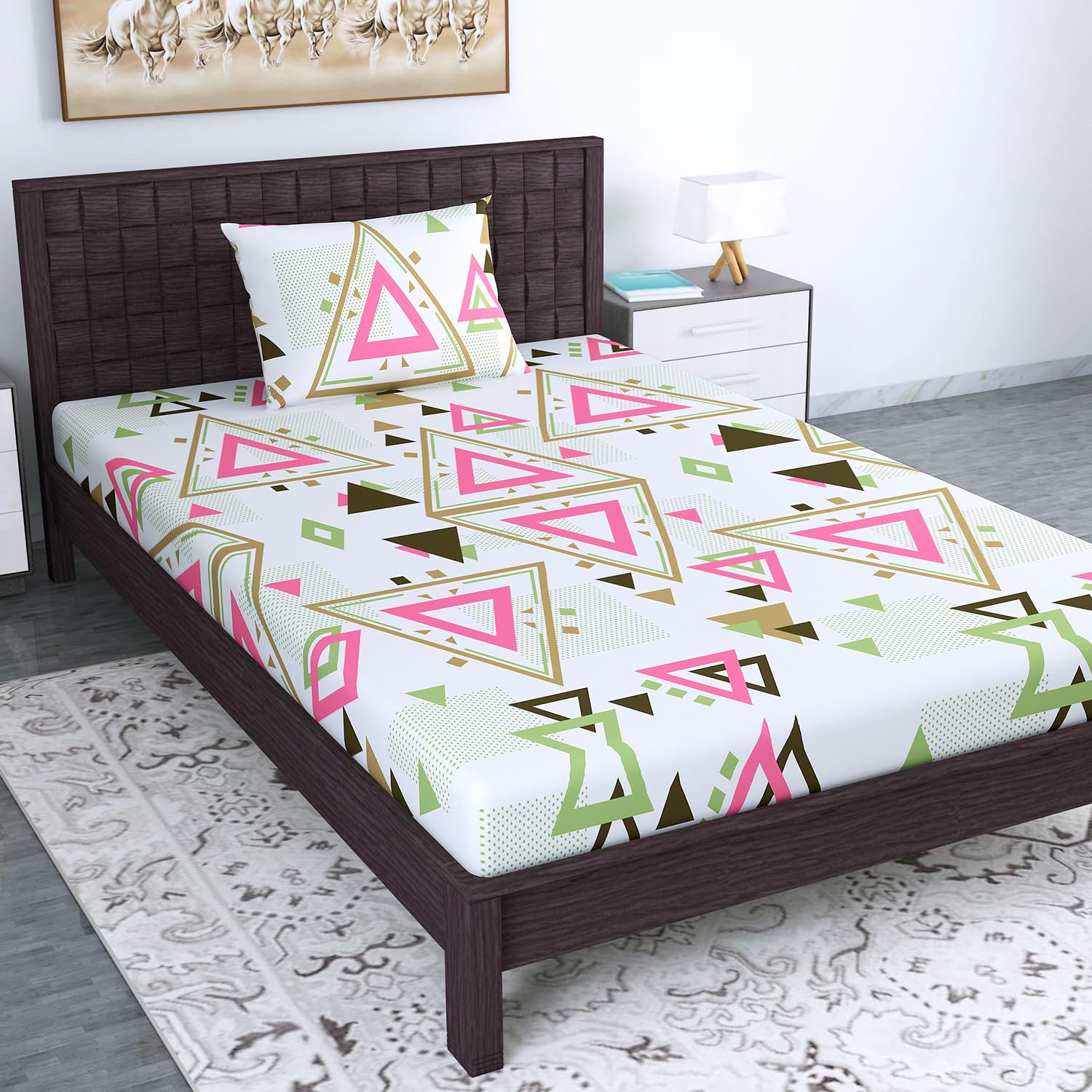 Divine Casa 144 TC 100% Cotton Single Bedsheet for Single Bed with 1 Pillow Cover | Soft Breathable Comfortable Cotton Bedsheet Set for Bedroom & Guest Room | 145 x 223 cm (Pink Olive, Geometric)