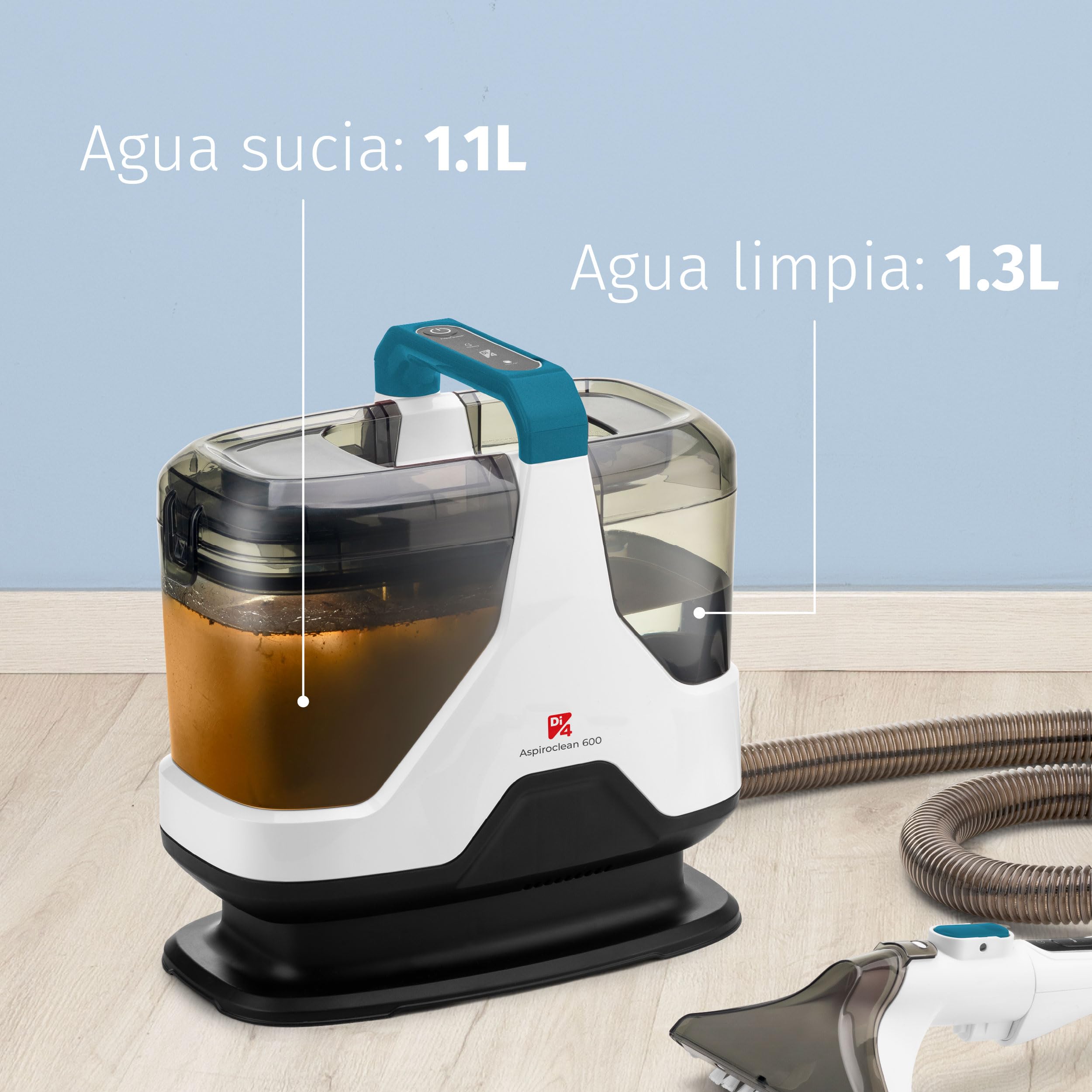 Di4 Aspiroclean 600W Aspirador de Tapicerías, Líquidos y Sólidos, Cepillo Multifunción, Accesorio Limpiacristales, Apto para Suciedad Mascotas, Alfombras, Sofás, Coche y Cristales, Incluye Detergente