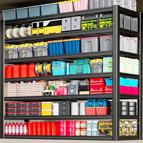 Estantería de garaje resistente de 7 niveles, estantes de almacenamiento profundos de 65 pulgadas de ancho, estantes de garaje de metal negro,
