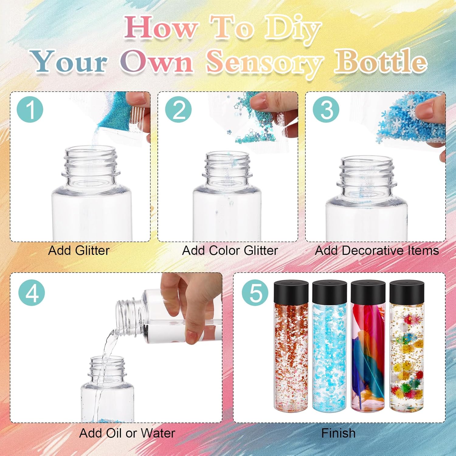 24 Pcs Sensory Bottles Kits for Kids 13.5oz 400 ml Leakproof Clear Plastic Containers with Lids Sequins Accessories Reusable Empty Water Bottles for Crafts Classroom Handmade Party Supply