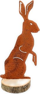 Spherecrafts Hare Garden Ornament with a Rusted Patina Finish Sitting on a Log, Perfect Gift Fairy Garden Accessory, 30cm tall Metal Hare Figure for indoors or outdoors,