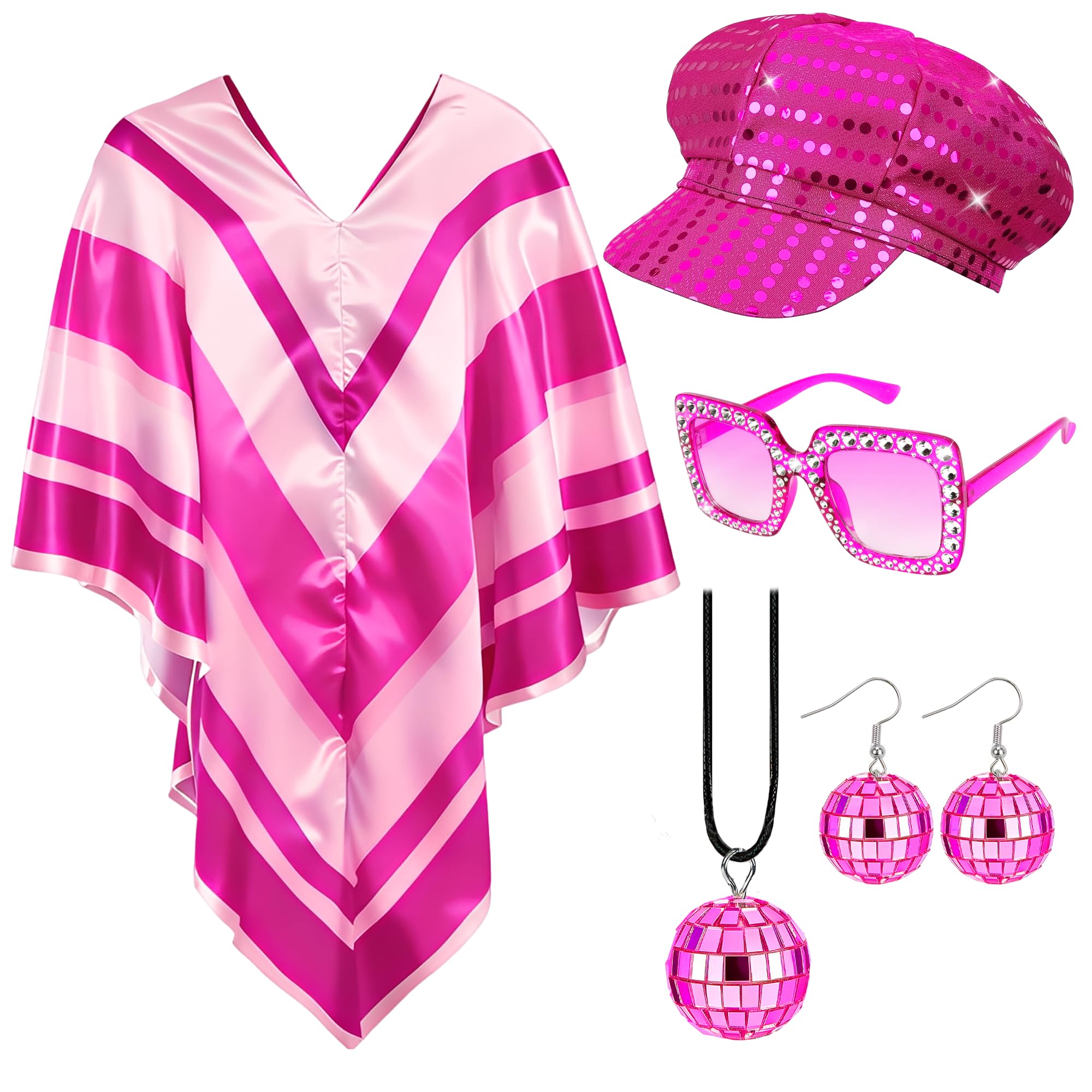 Bryndo 5 Pcs 70s Fancy Dress Set for Women Disco Costume Accessories with Abba Pop Poncho Sequin Beret Hat Square Bling Sunglasses Earrings Necklace for 70s Theme Party Dress Up (Pink)