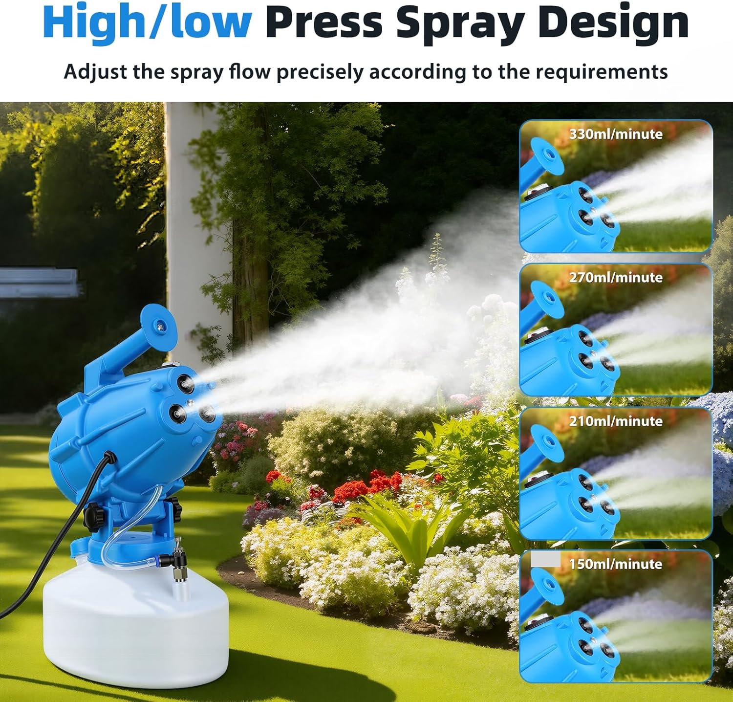 5L Electric ULV Fogger Sprayer, Portable Cold Fogger with 3 Nozzles Adjustable Flow Rate, 30ft Spraying Distance 14-25 Microns, 150-330ml/minute, for Home School Lawn Yard Blue US Plug