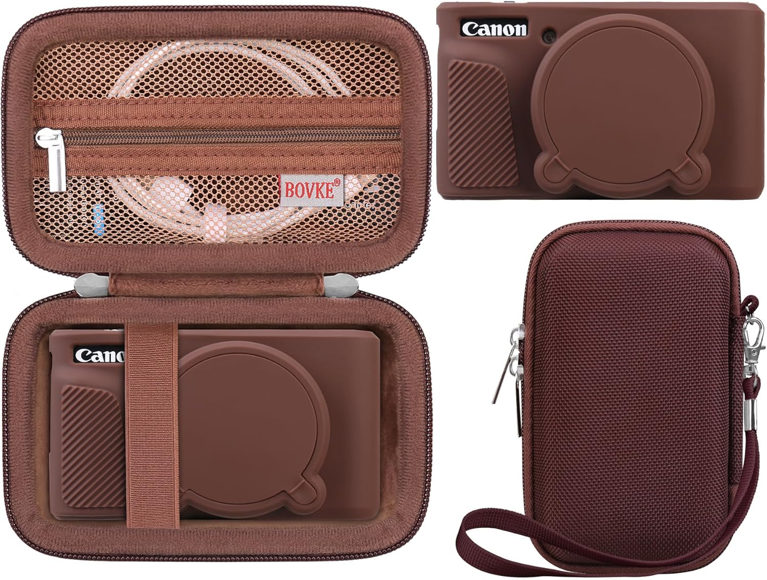 BOVKE Hard Case + Silicone Cover for Canon PowerShot SX740 SX730 Digital Camera, Shockproof EVA Storage Bag with Soft Silicone Protective Case, Removable Lens Cover, Wrist Strap, Brown