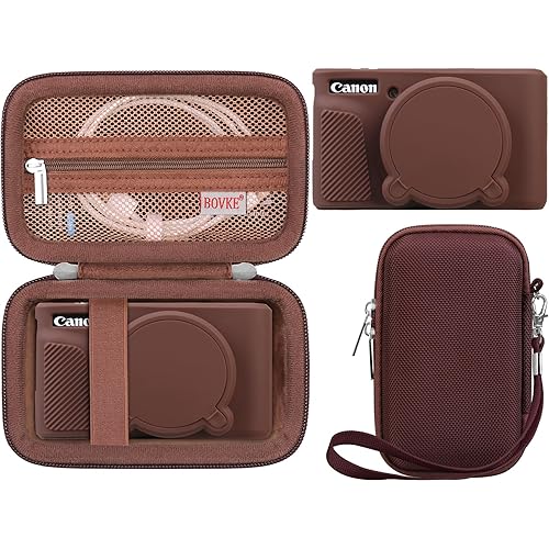 BOVKE Hard Case + Silicone Cover for Canon PowerShot SX740 SX730 Digital Camera, Shockproof EVA Storage Bag with Soft Silicone Protective Case, Removable Lens Cover, Wrist Strap, Brown