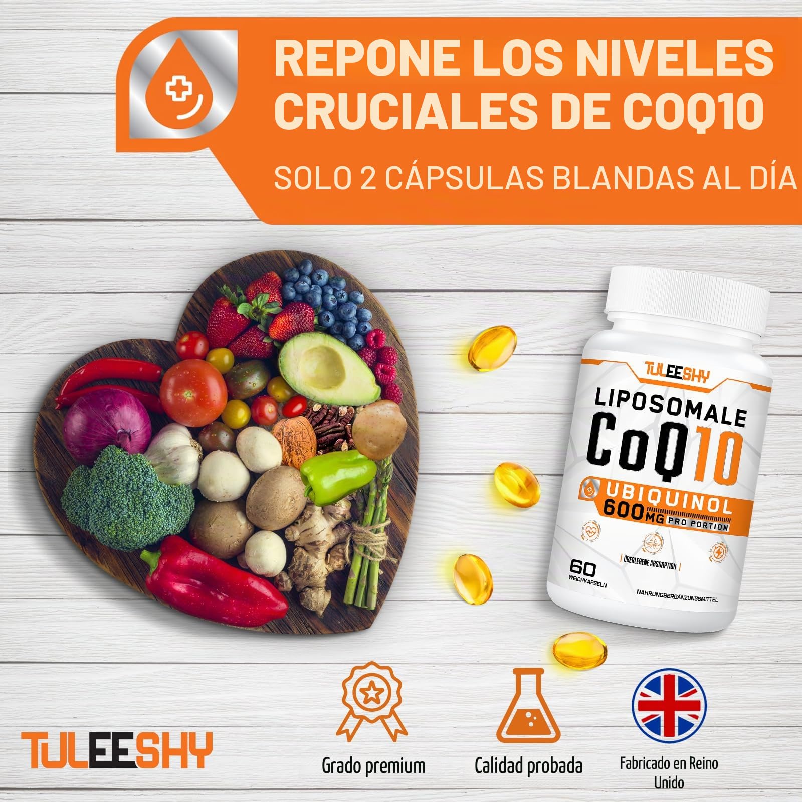 Coenzima Q10 liposomal ubiquinol, dosis alta 600 mg por porción, 300 mg por cápsula, coenzima Q10 antioxidante de alta biodisponibilid (60 cápsulas blandas (paquete de 2))