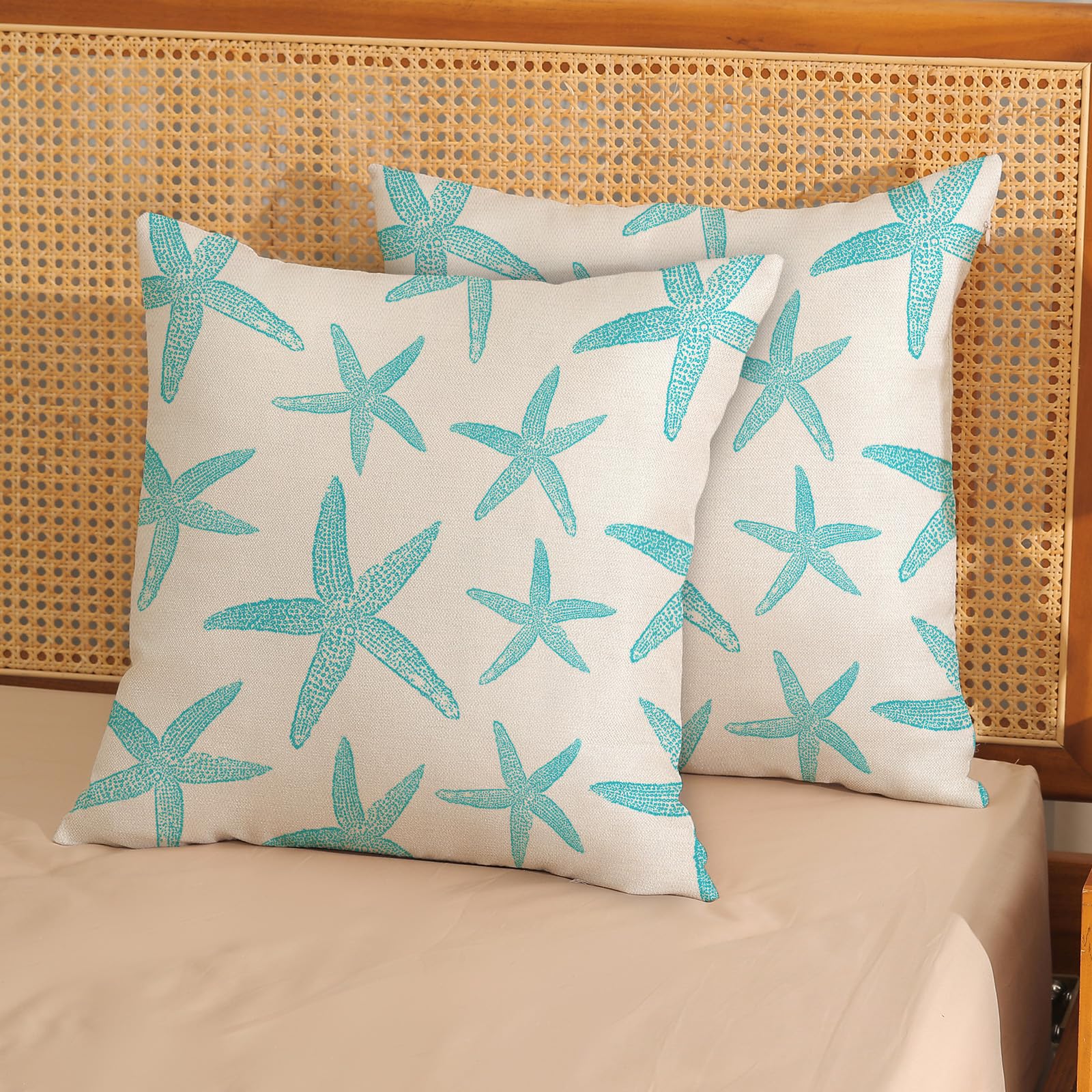 AEIOAE Set Of 2 Nautical Starfish Pillow Covers 18x18 Inch - Aqua Teal Linen Beach Decor For Sofa, Couch, Bedroom