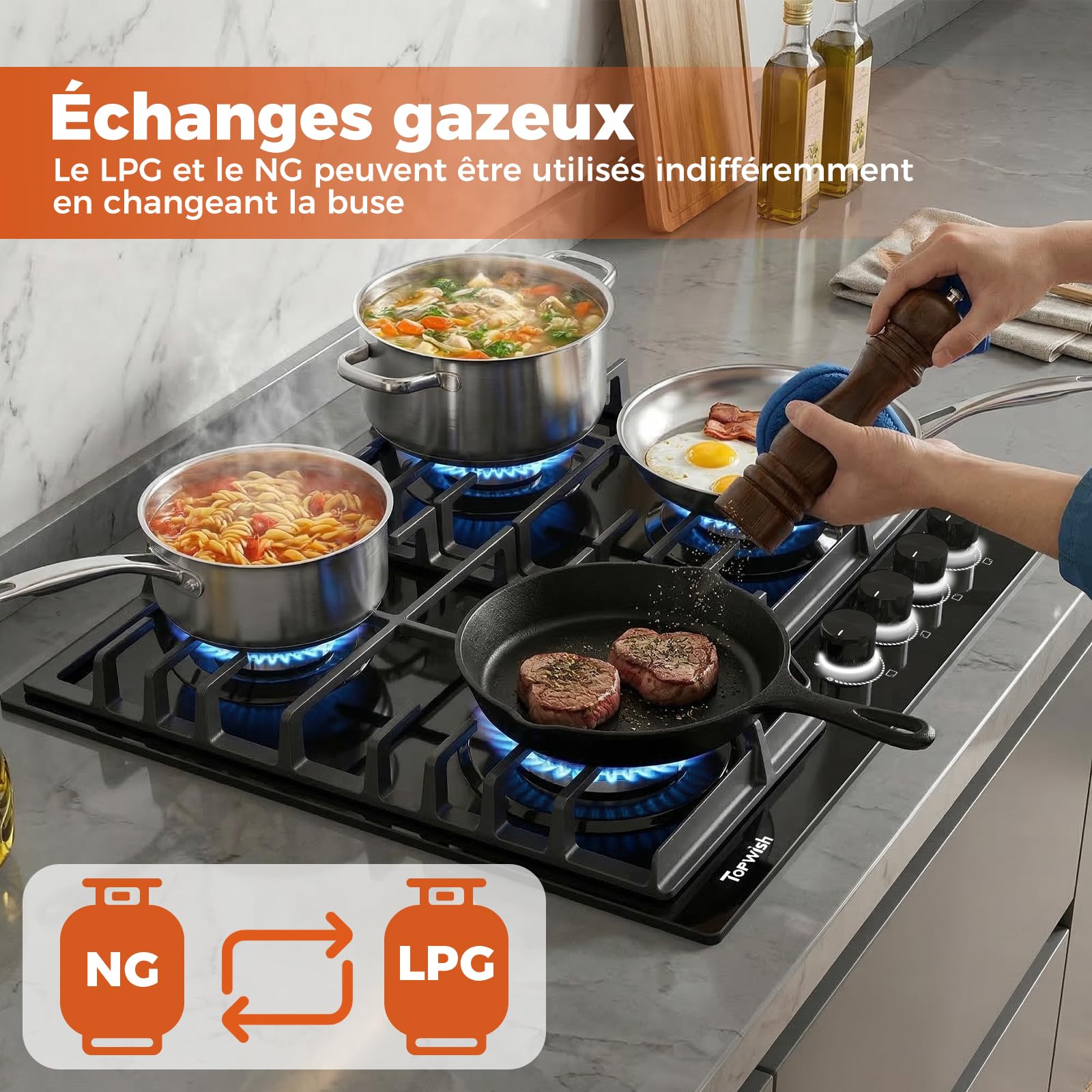 TOPWISH plaque de cuisson gaz 4 feux, plaque gaz 4 feux, table de cuisson encastrable 60cm avec blanc bouton rotatif éclairé, NG/LPG décapotable, protection d'extinction, allumage automatique, 8000W