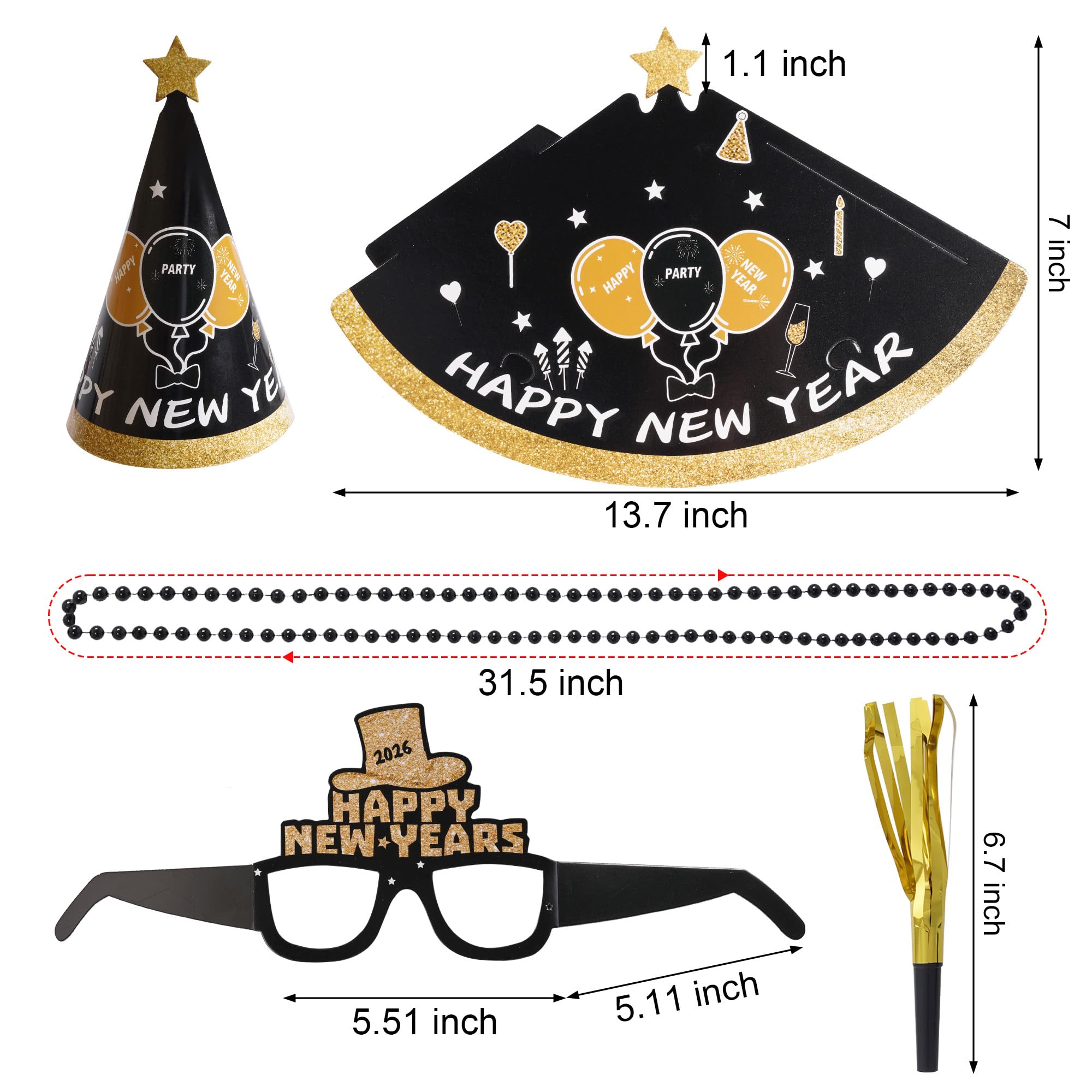 Silvester Party Supplies 2025 - Dekorationen, Hüte, Brillen, Halsketten & Gebläse für Silvesterfeier
