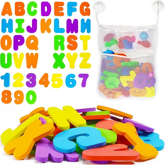 Jiosdo Baby Bath Toys, 36 Foam Bath Letters and Numbers, 1 Mesh Bath Toy Storage Organiser Bag, 2 Strong Hooks, Educational Bathroom Baby Shower Toddlers Kids Bath Toys (Letters A-Z; Numbers 0-9)