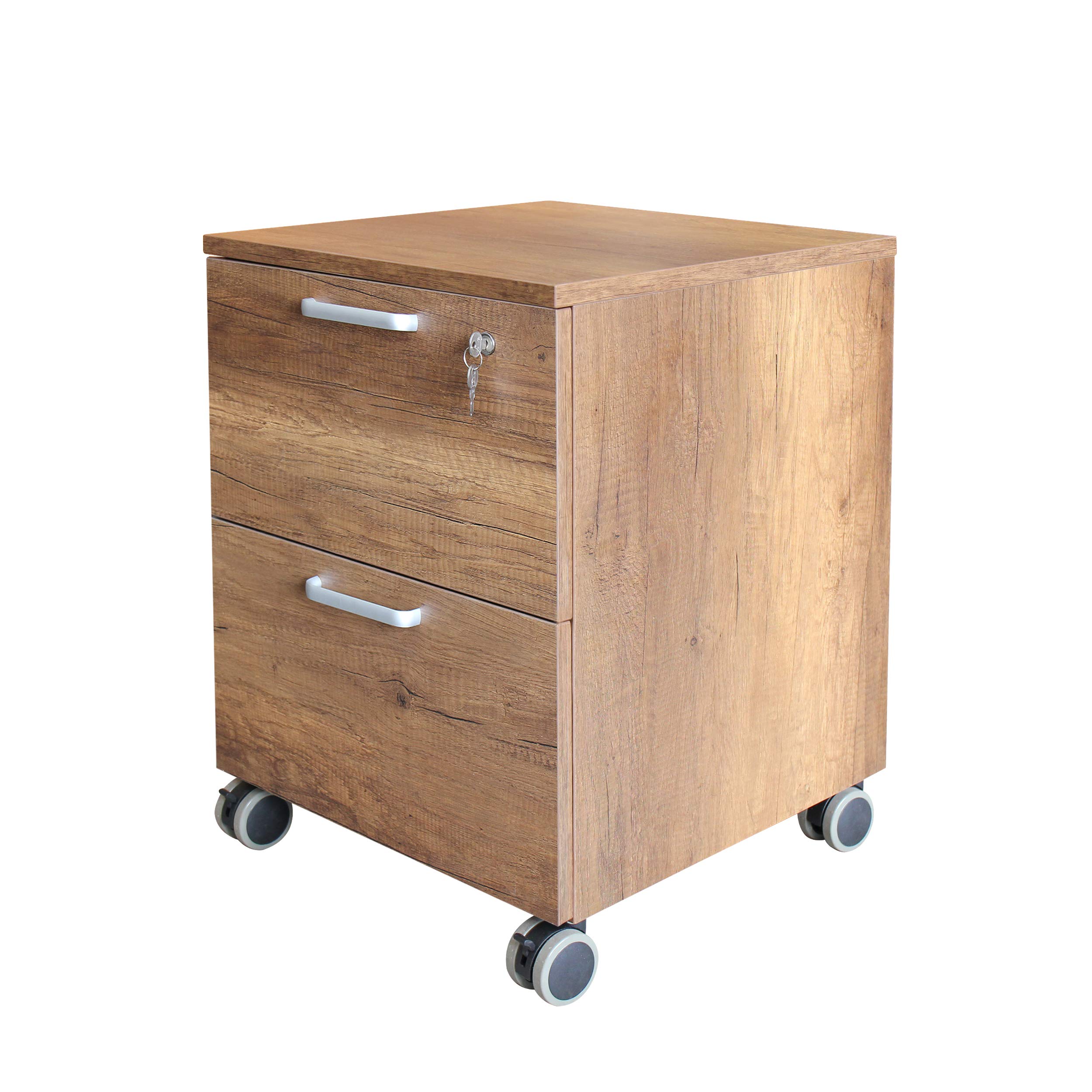 Caesar Hardware 2-Drawer Wood Mobile Storage Cabinet with Lock and Wheels, Legal/Letter Size, Dark Maple