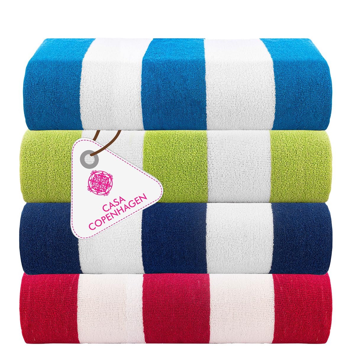 CASA COPENHAGEN Cabana Beach Towels, Rough and Tough, Quick Dry, for Pool, Bath and Shower, 30" x 60", 4 Piece Set of Cotton Beach Bath Towels - Turquoise, Royal Blue, Pink, Green