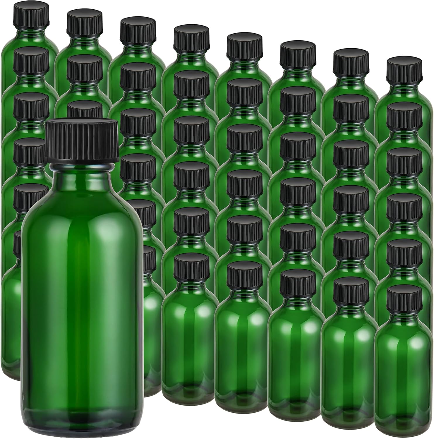 Small Glass Bottles with Lids Boston Round Shot Bottles for Health, Immunity, Ginger Juice, Essential Oils, Potion - Leak Proof Mini Travel Containers (Green UV, 2oz-48Pack)