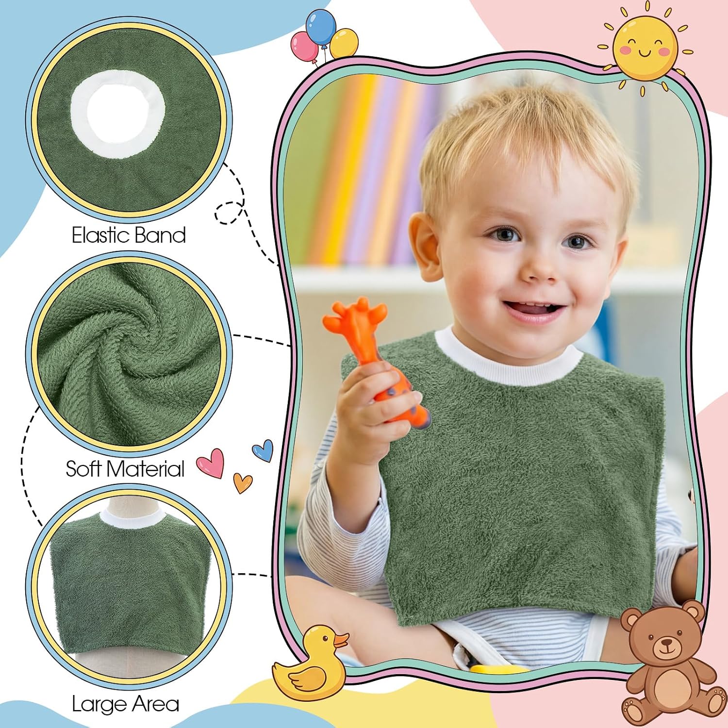Foaincore 3 Pieces Full Coverage Toddler Bibs Pullover Baby Bibs Absorbent Cotton Terry Towel Toddler