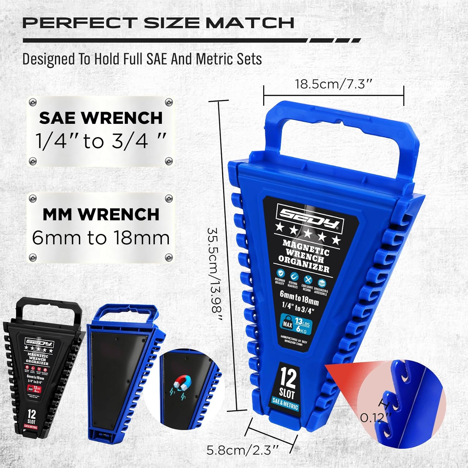 2-Piece Magnetic Wrench Organizer, 24-Slot Wrenches Holder Set with Lock Cover Metric 6–18mm & SAE 1/4-3/4", Wrench Rack Tool Trays with Carrying Handle for Wall Mount Toolbox Drawer Storage