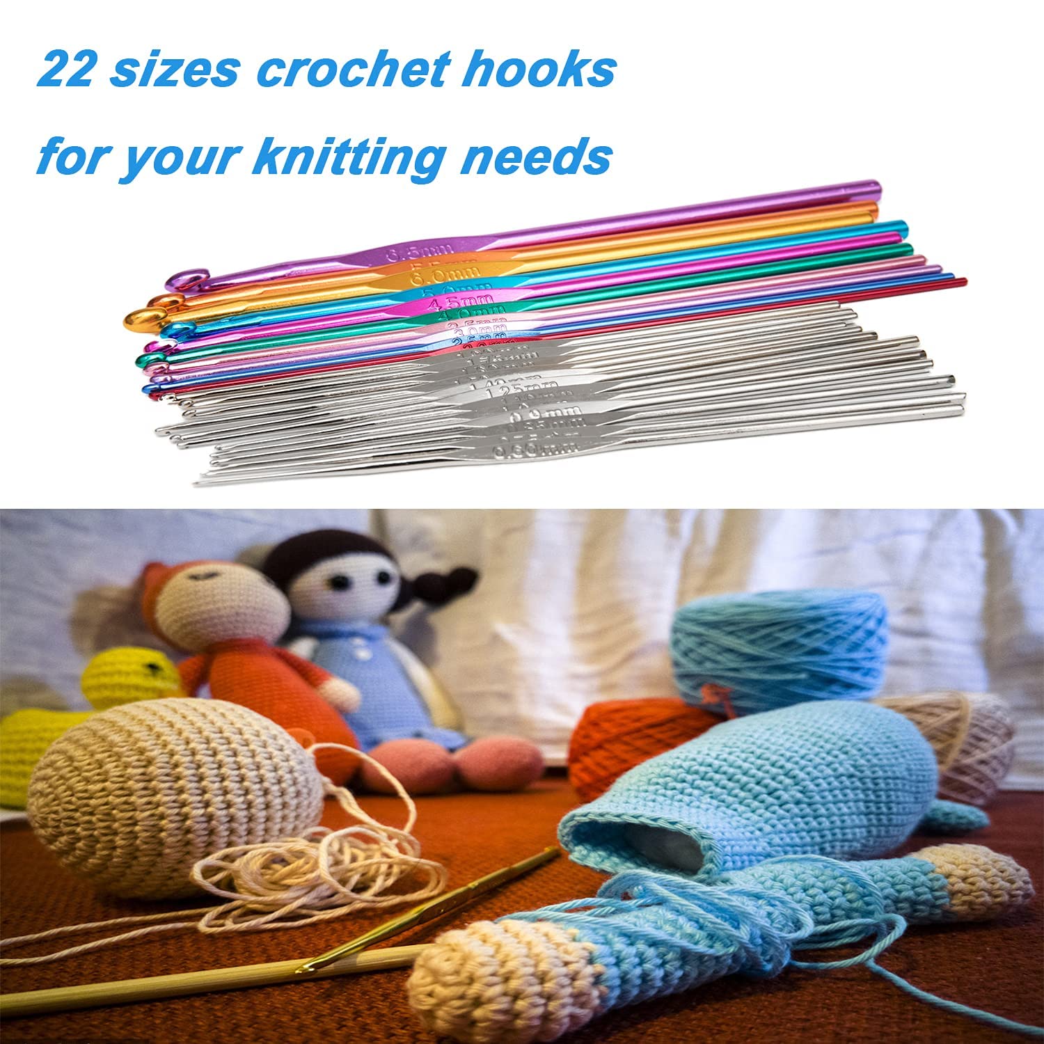 Tusmad crochet hooks set steel, Aluminium Crochet Hooks Knitting Needles Set withErgonomic Knitting Knit Needles, Weave Yarn Set Ultimate Sewing, Craft, Sweater, Woolen Cloth, Yarn, Thread Case (Multicolour) - 22 Piecesc 1