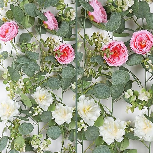 Miniatura 40 de TOCHGREEN 4 Pack 24Ft Artificial Eucalyptus Flower Garland with Champagne Roses, Fake Rose Flower Greenery Garland Floral Vines for Wedding Home