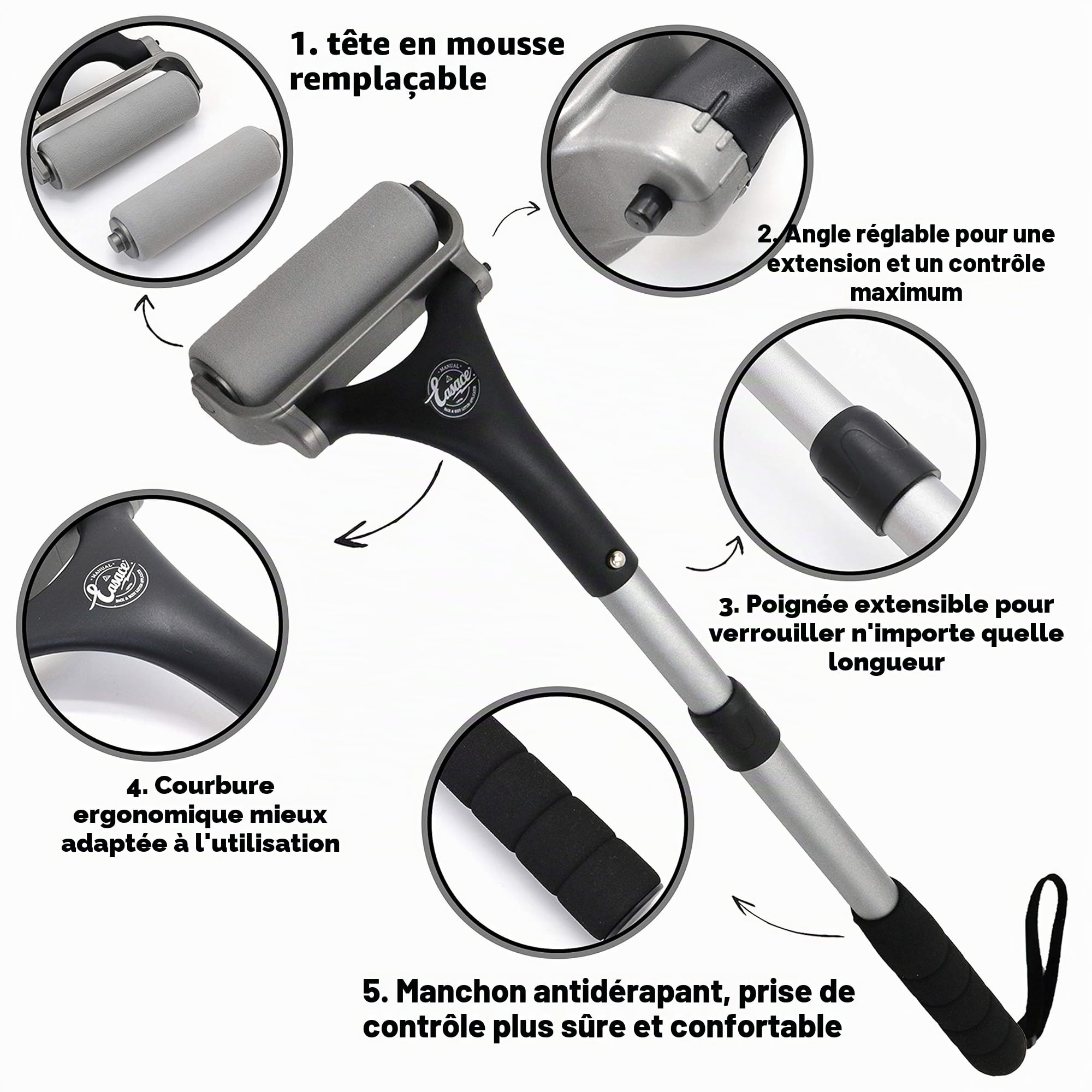 Easace Applicateur de lotion pour le dos et le corps, auto-application facile de la brosse de lavage du corps de bain de douche, crème pour la peau, bronzage(Argent)