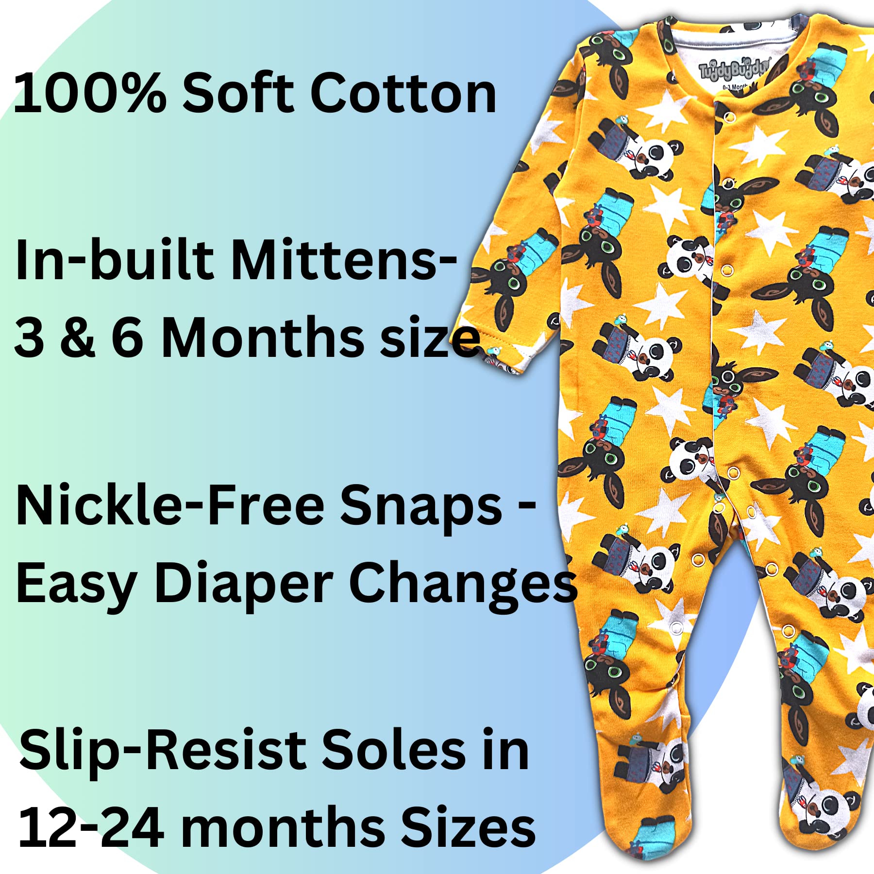 TuddyBuddy 100% Cotton Multi Color Rompers/Sleepsuits for Baby Girl (Pack of 2 Footed Rompers - Grey AOP & Panda, 0-3 Months) - Image 5 thumbnail