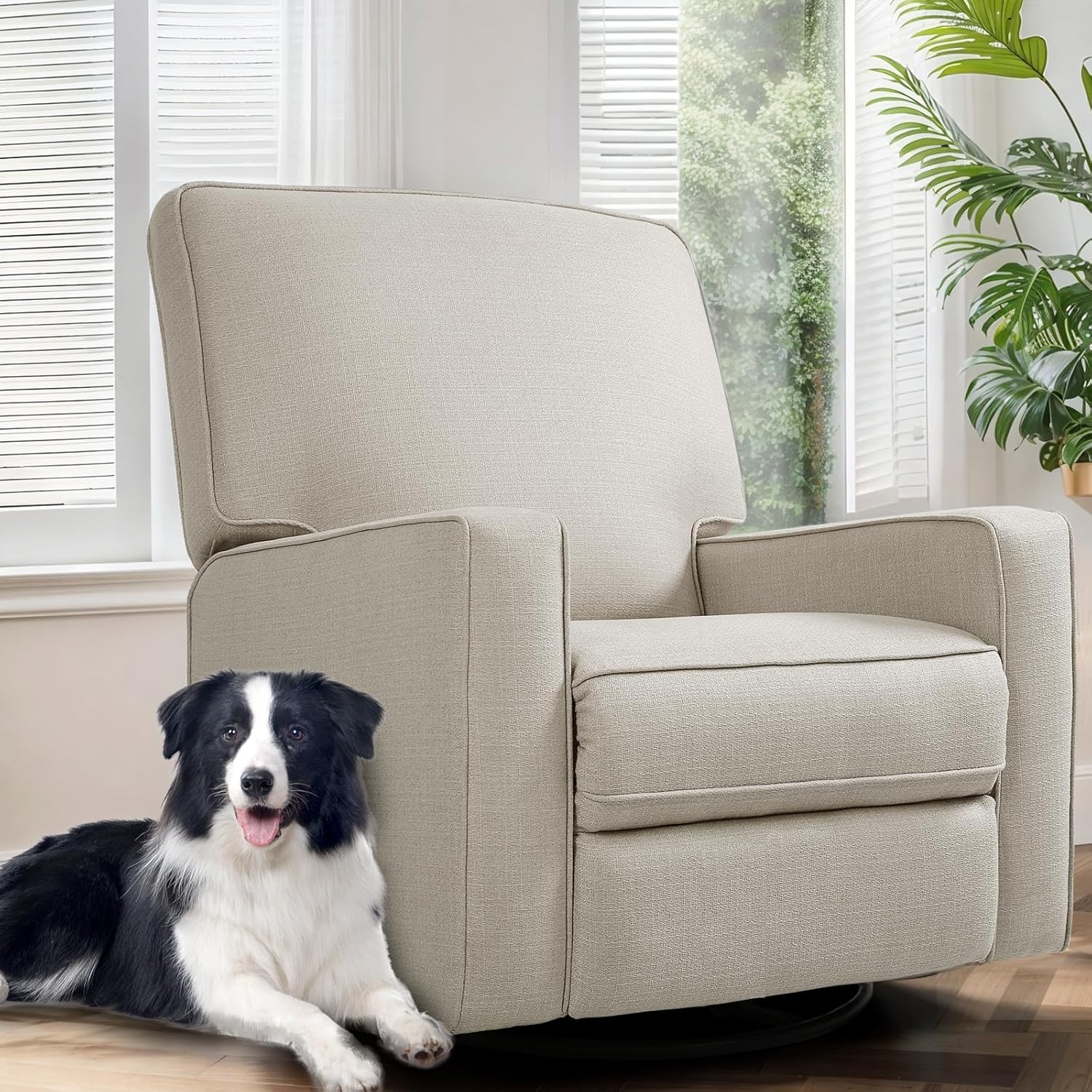 Swivel Rocker Recliner Chair for Adults, High Back Fabric Recliner with Deep Seat, Manual Glider for Living Room & Nursery, Beige