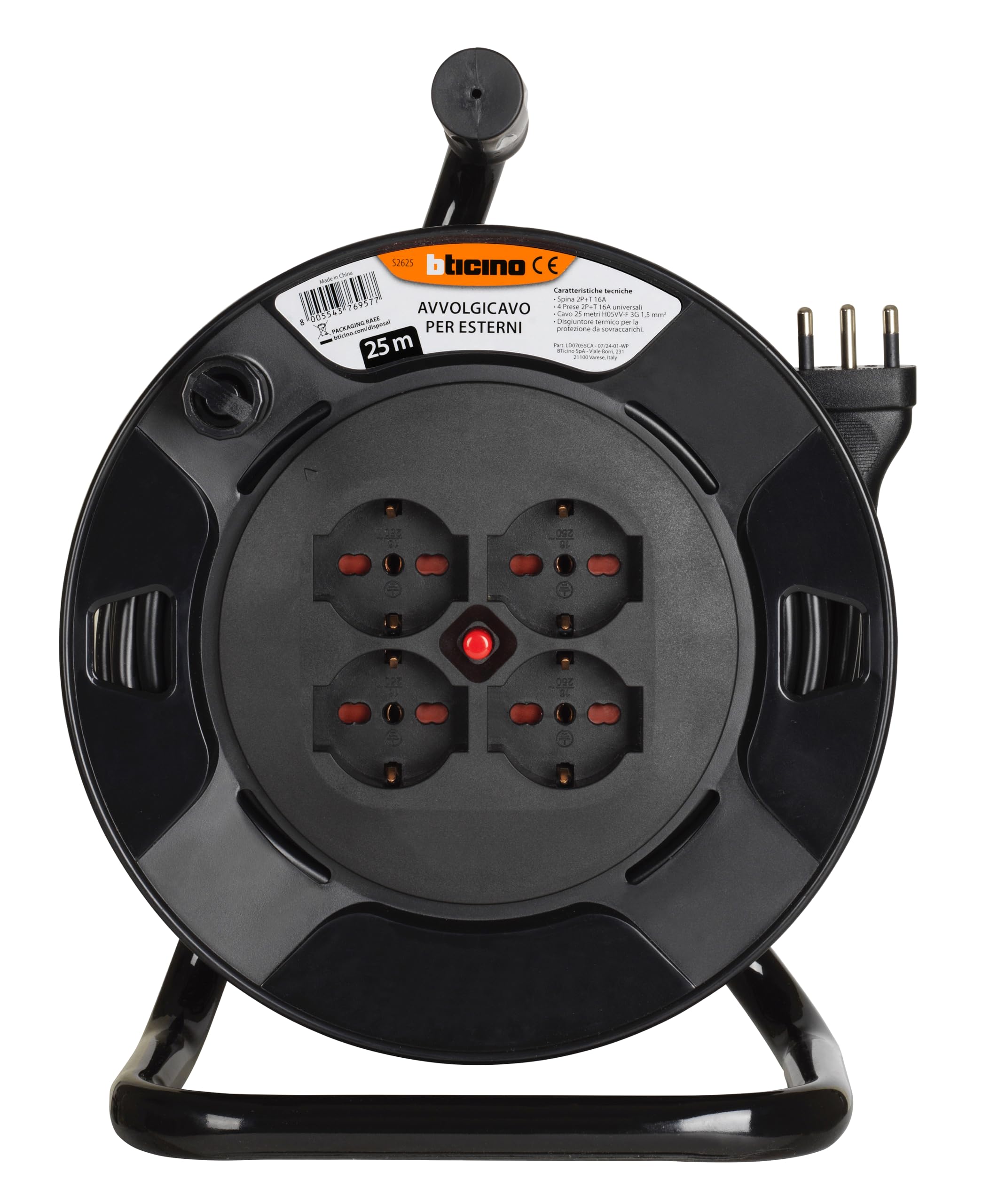 BTICINO Carrete de cable S2625 alargador eléctrico de 25 metros, 4 enchufes Schuko, bipolo, enchufe grande de 16 A, interruptor térmico, mango ergonómico, soporte de cable y carrete de cable, color