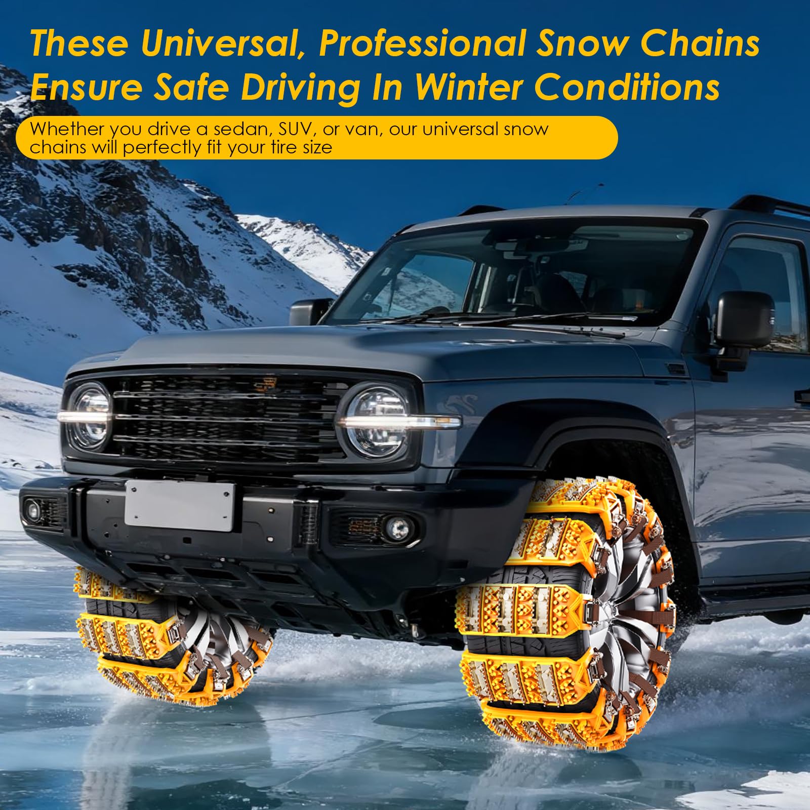 Schneeketten 8 Stück Anti-Rutsch-Einstellbare Ketten.Einfach Zu Montieren Langlebige Reifen,Dornen erhöhen den Halt Schneekette für Auto mit 165-255 mm Reifenbreite, LKW, SUV,Gelb.