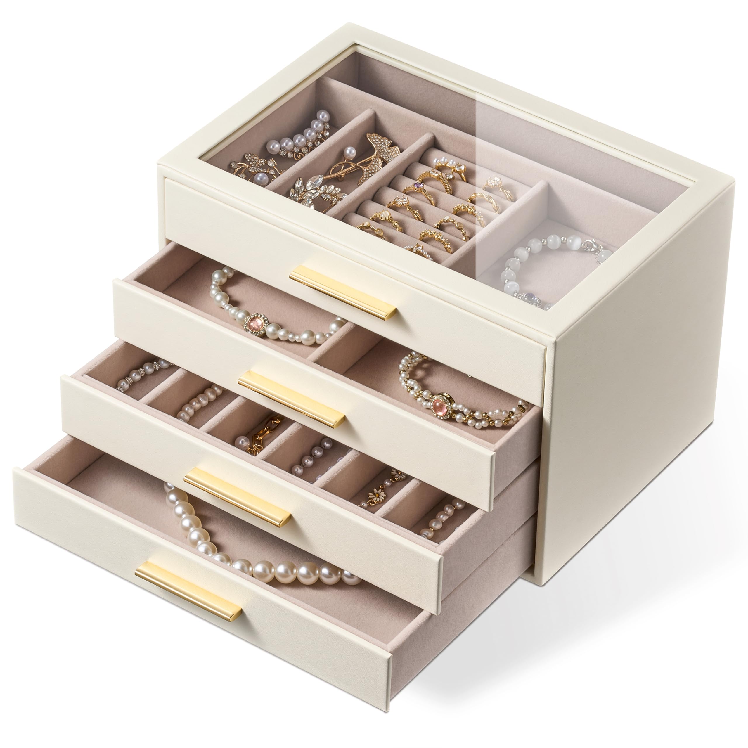 Joyero Organizador para con Ventana de Cristal, Caja Guardajoyas de 4 Capas | Cuero Blanco Marfil y Terciopelo Rosa - Estuche Organizador de Joyas para Anillos, Pendientes, Collares, Pulseras y Relojes,