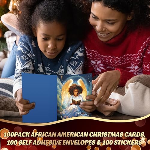 Miniatura 3 de Zhanmai 100 juegos de tarjetas de Navidad negras afroamericanas negras con sobres, tarjetas de Navidad afroamericanas, tarjetas de Navidad