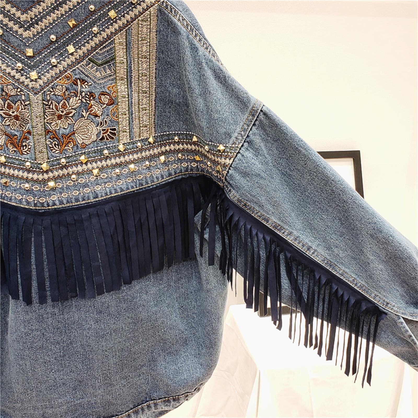 UKKO Giacca di Jeans Giacca in Denim Coreano Ricamo Floreale Nappa Giacca A Maniche Lunghe Giacca A Maniche Lunghe Giacca da Donna Veste Femme-Navy Blue,S