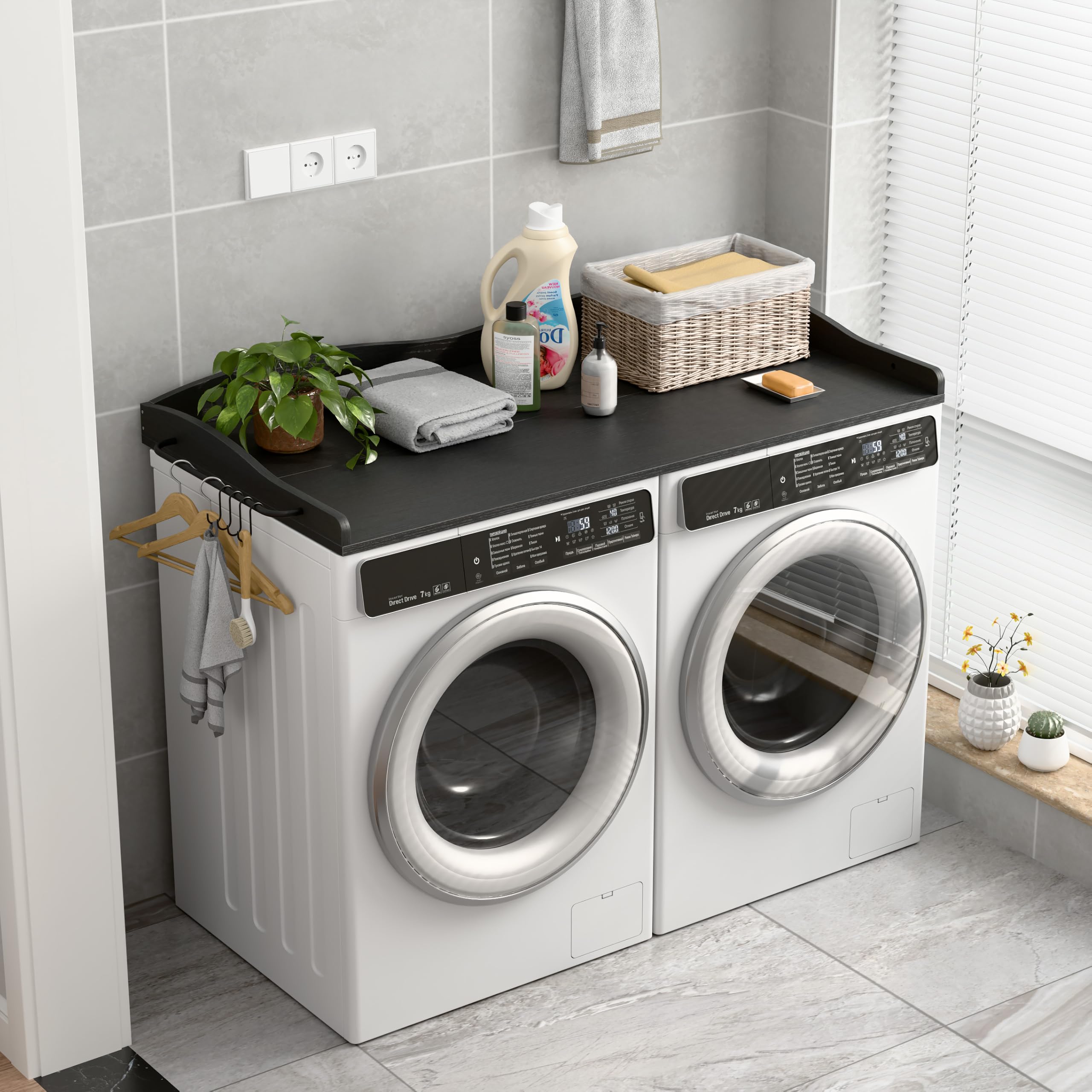 Washer Dryer Countertop, Wave Design Laundry Organizer with Side Hanging Rod &amp; Hooks, Washer Top Shelf for Folding Clothes and Storage