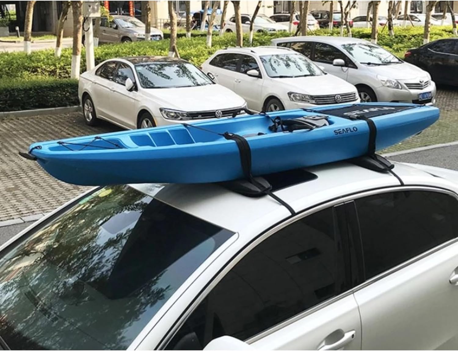 SEAFLO Traveller Soft Kayak Roof Rack with EVA Foam Pads Universal Fit for Cars Lightweight Nylon Top Carrier w/ 2 Securing Straps Fits 2-Door and 4-Door Vehicles 132 lb Load Capacity 4-Year Warranty