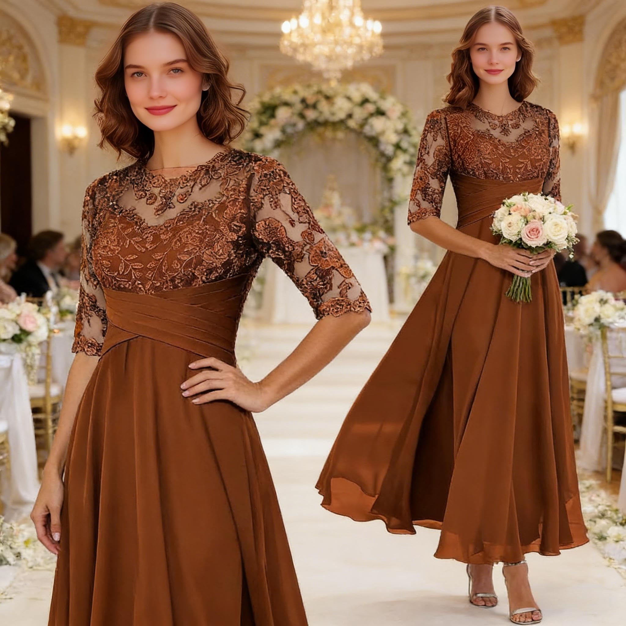 Abito da sposa per madre della sposa da donna in chiffon con applicazioni in pizzo mezza manica formale abito da sposa